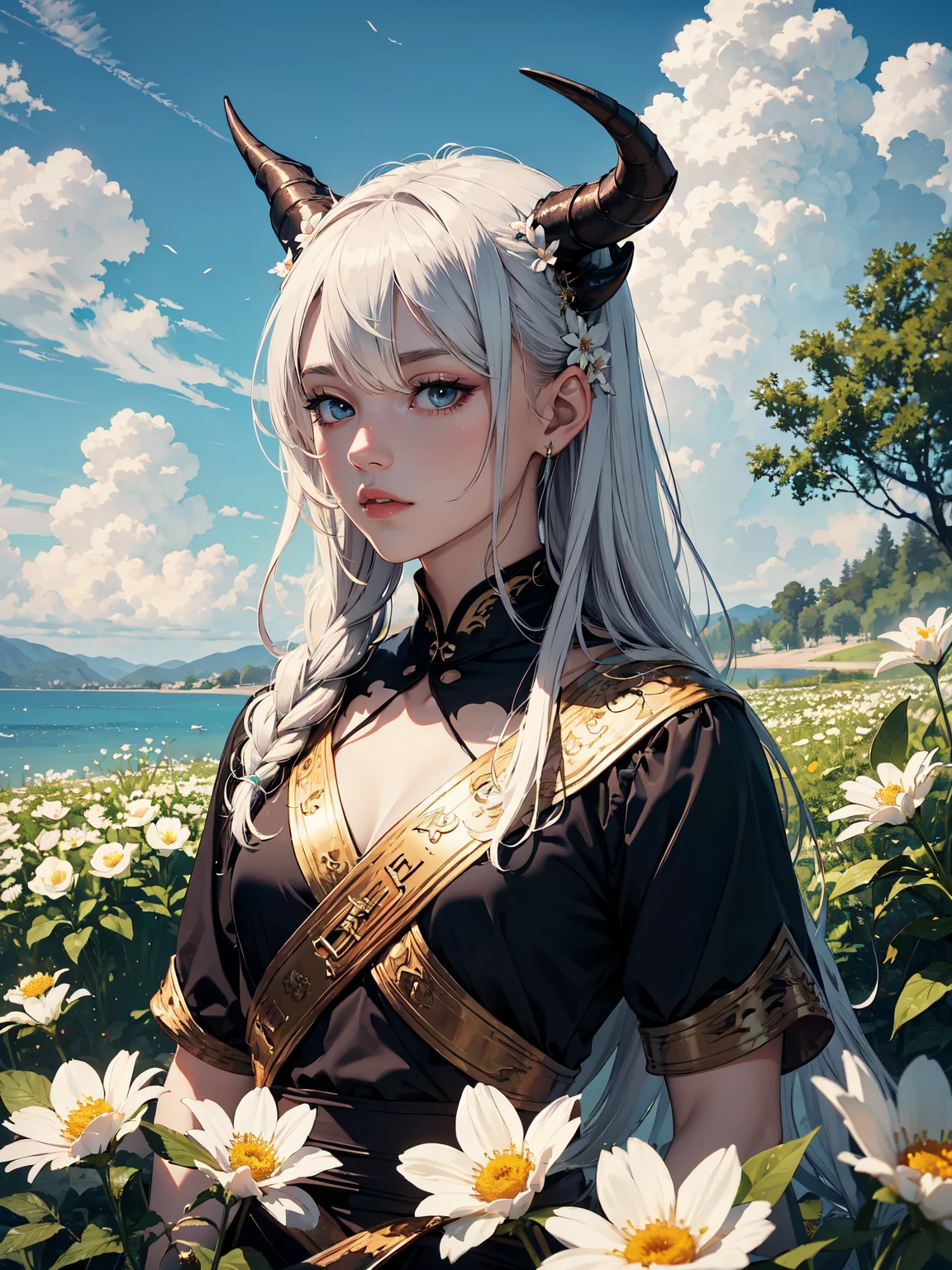 (Masterpiece), (Excellent), (Extremely Fine), White Dew, Square, Spectator, Dragon's Tail Horns, Upper Body, Flowers, Streamers, Clouds,