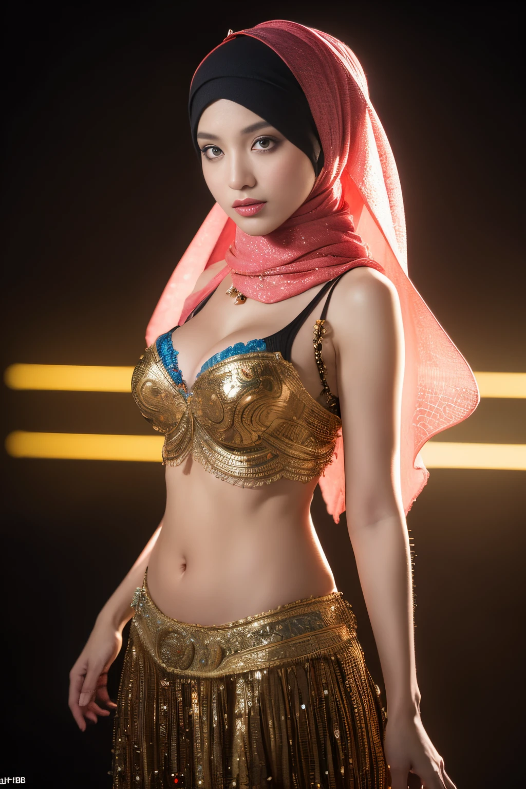 ((colorful)) bellydancer, cyberpunk, javanese, (((hijabi))), cleavage, reflection light, chiaroscuro, depth of field, cinematic lighting, ray tracing, Sony FE GM, UHD, super detail, masterpiece, textured skin, high details, best quality, award winning，3D,hdr（HighDynamicRange）,Ray tracing,NVIDIA RTX,Hyper-Resolution,Unreal 5,Subsurface scattering、PBR Texture、post-proces、Anisotropy Filtering、depth of fields、maximum definition and sharpness、Many-Layer Textures、Albedo e mapas Speculares、Surface coloring、Accurate simulation octane rendering of light-material interactions、Two-colored light、largeaperture、Low ISO、White balance、the rule of thirds、8K raw data