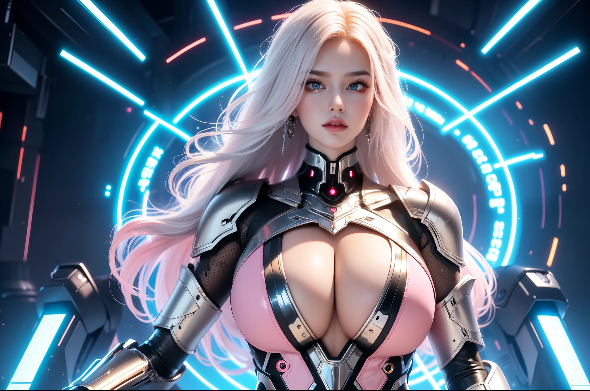 (masterpiece), best quality, expressive eyes, perfect face, beautiful details face, beautiful round eyes, full body, A beautiful mature woman in cyber armour suit shows her Extremely busty and attractive breasts, (arrogant face), (platinum pink hair), (bob cut, streaked hair, expressive hair, shiny hair, glowing hair, multicolored hair, gradient hair, colored inner hair, straight hair, medium long hair), fair skin, (beautiful detailed full bodysuit:1.3), (full body cyber armour), glowing and shining armour, silver and blue cyber armour, (cybernetic wings:1.0, Gigantic mechanical wing:1.2), (Edge lights:1.3), (silver and orange colour scheme:1.3), neon light on armor, beautiful details eyes, (light green eyes:1.3), (glowing eyes:1.2), (Gigantic saggy breasts:1.1), tight breasts, thick body, (well accentuated curves), pink lips, (silver nails), mascara, Long eyelashes, eyeliners, (Extremely wide well defined hips:1.3), (beautiful massive thick thighs:1.3), slender figure, (Extremely detailed skin texture:1.2), beautiful detailed realistic muscle definition, golden lights that shimmer, high detailed eyes, ultra-high quality model, proportionate, intense colouration fantasy, (background fantasy cyber city), pink and gold tetradic colours, earrings, (1girl), solo, cowboy shot, shine, glowing