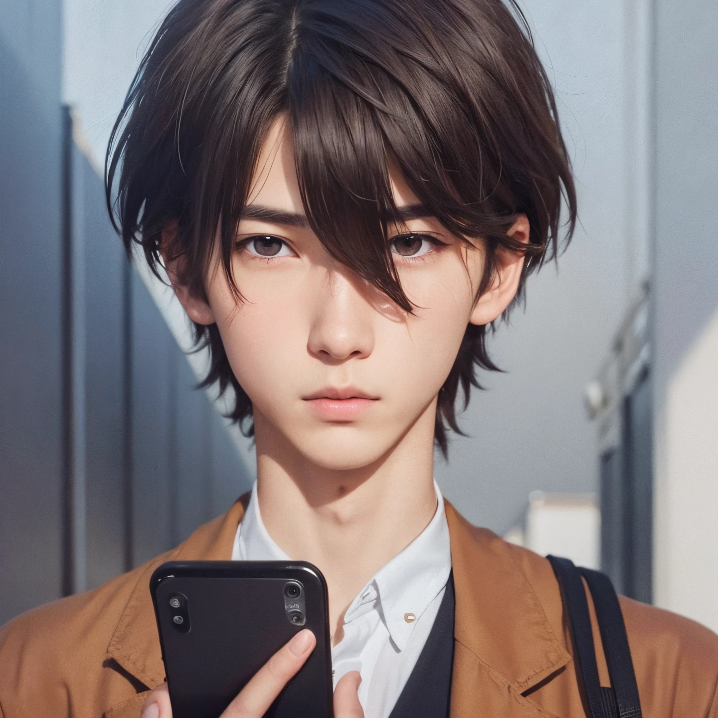 A boy with short realistic brown hair, the same realistic hairstyle, realistic Japan handsome face, realistic cool expression, adapt the same realistic clothes, holding a realistic cell phone, realistic light, realistic shadows, realistic background, good image quality, very good image results, 4k, ultra detail, realistic