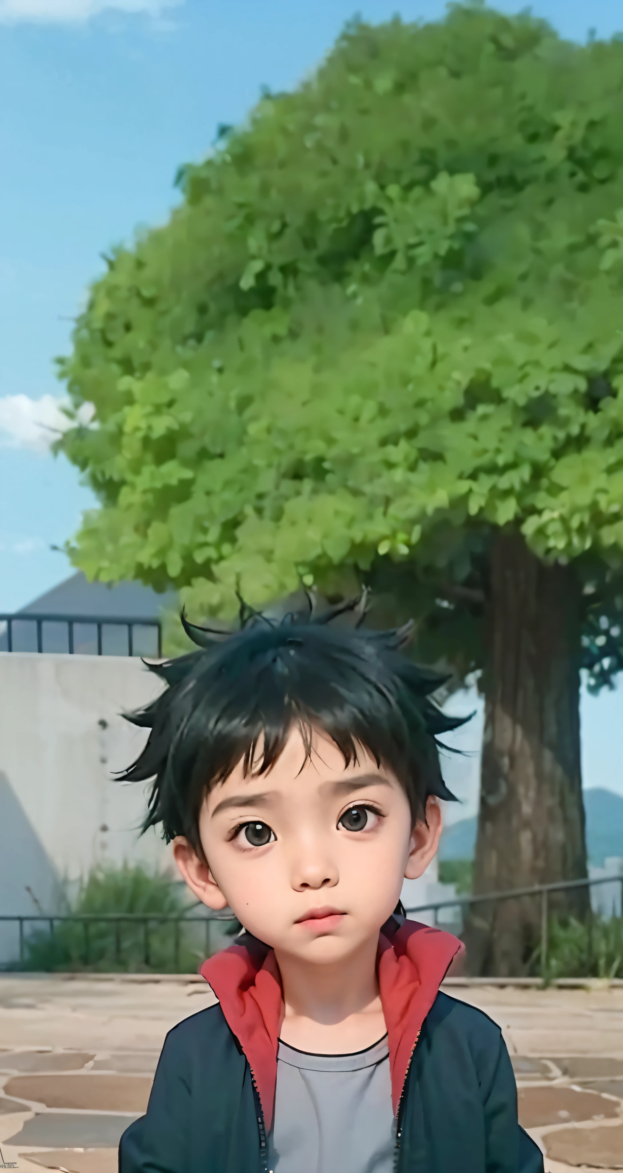 Real life adaption of this character ,The handsome face of a **********, realistic same black spiky hair , (realistic same outfit), realistic background , realistic light, realistic shadow, realism, hyper realistic,(photorealistic:1.2), normal eyes