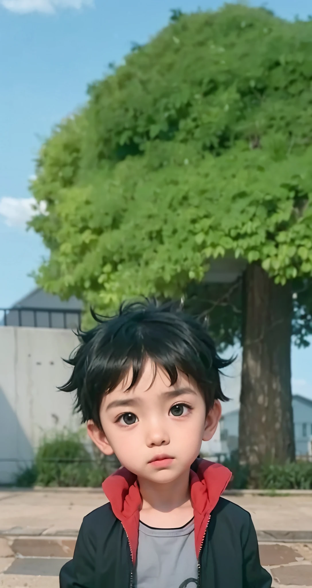Real life adaption of this character ,The handsome face of a boy, realistic same black spiky hair , (realistic same outfit), realistic background , realistic light, realistic shadow, realism, hyper realistic,(photorealistic:1.2), normal eyes
