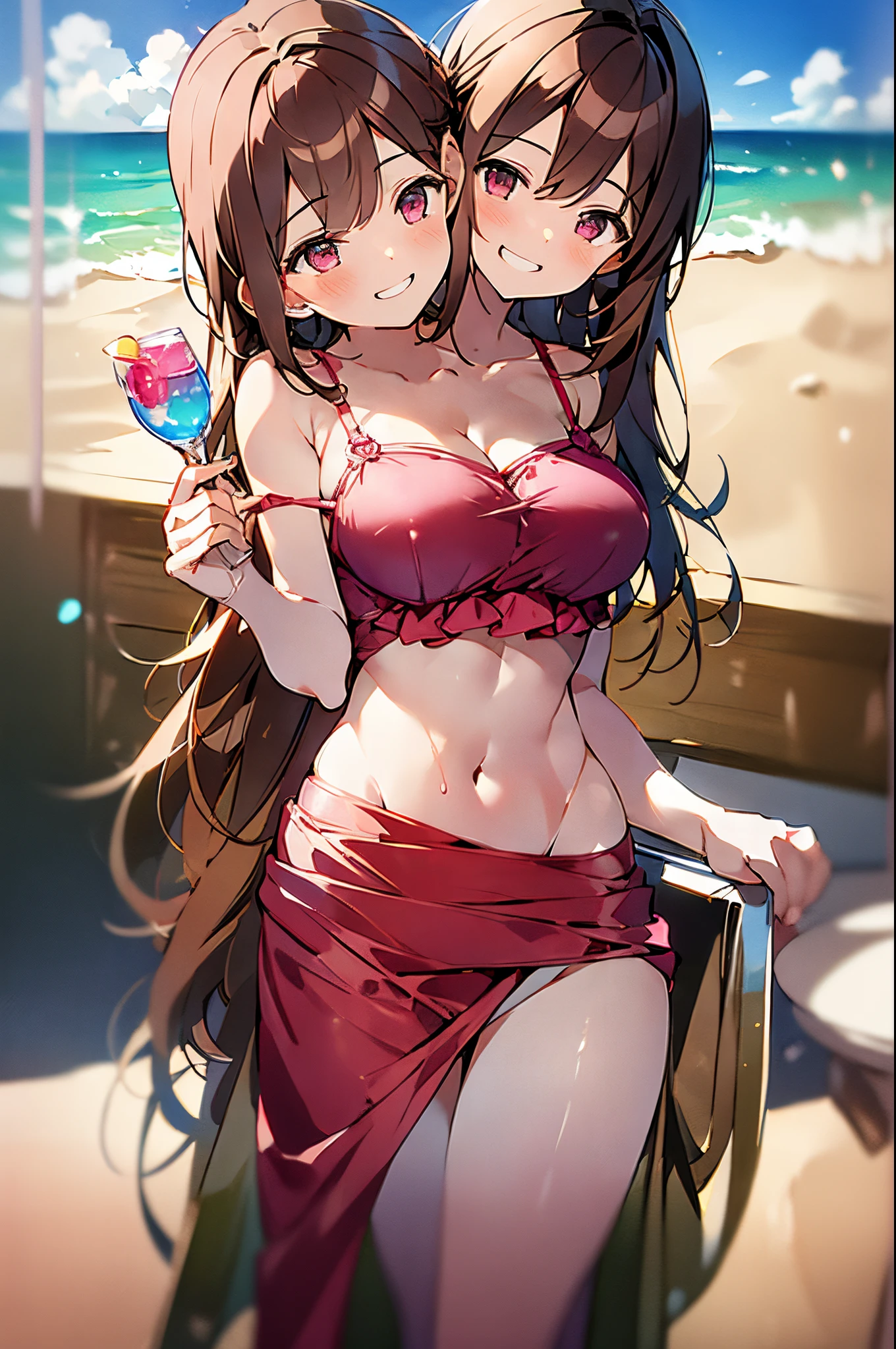 masterpiece, best quality, a young girl, two-headed, brown hair, wearing a pink swimsuit, at a beach, holding sunglasses, smiling