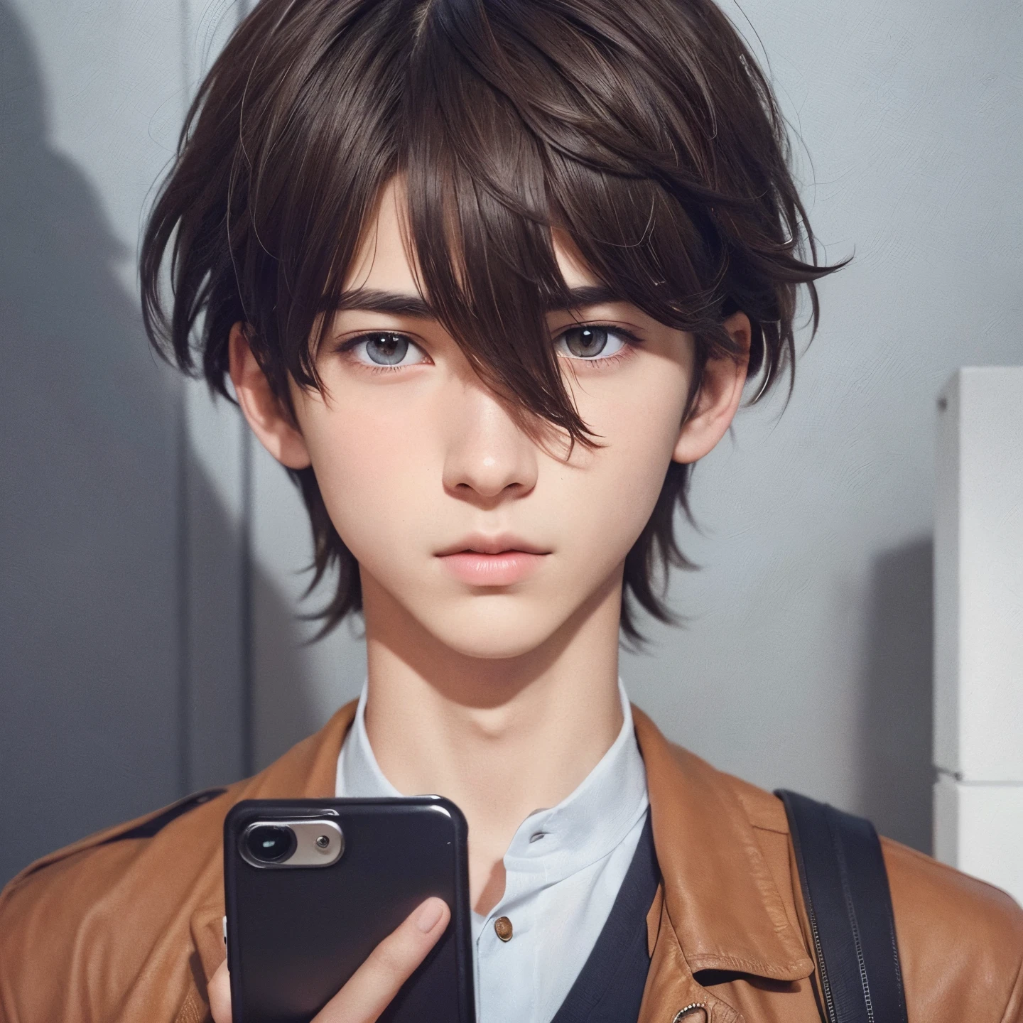 A teenage boy with short realistic brown hair, the same realistic hairstyle, realistic handsome face, realistic cool expression, adapt the same realistic clothes, holding a realistic cell phone, realistic light, realistic shadows, realistic background, good image quality, very good image results, 4k, ultra detail, realistic