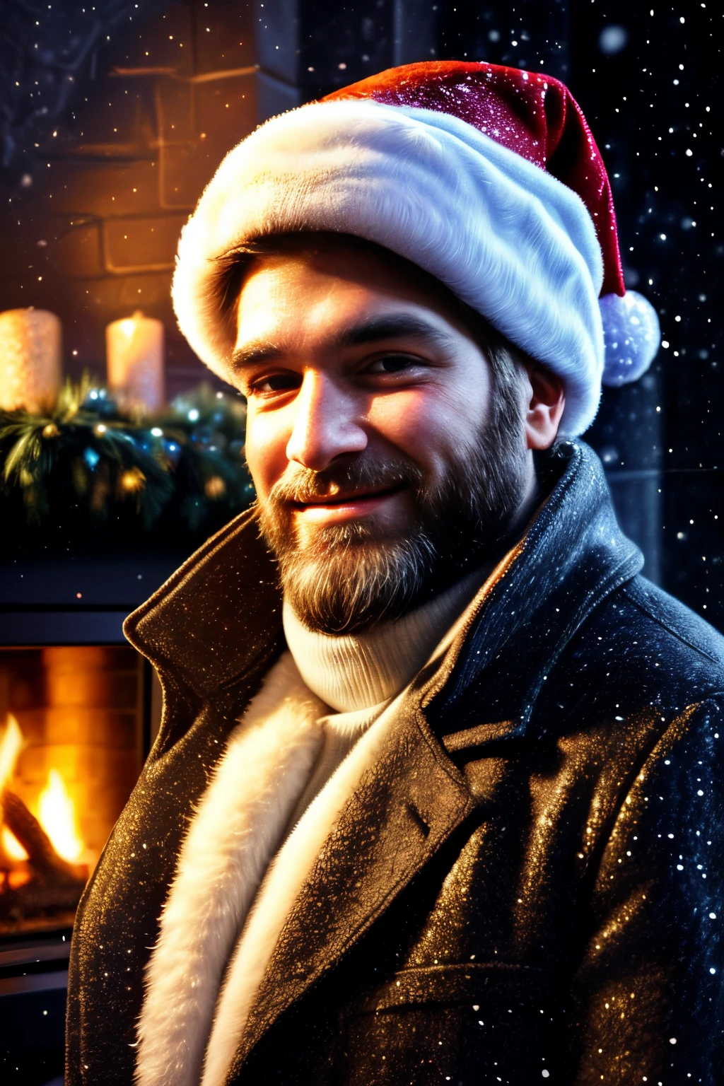 (best quality,ultra-detailed,realistic:1.37),portrait,beautiful detailed face,shimmering eyes,warm smile,long white beard,red hat and coat,fur-trimmed clothing,starry night background,glistening snowflakes,cozy fireplace,vivid colors,winter scenery,soft lighting,sparkling festive atmosphere