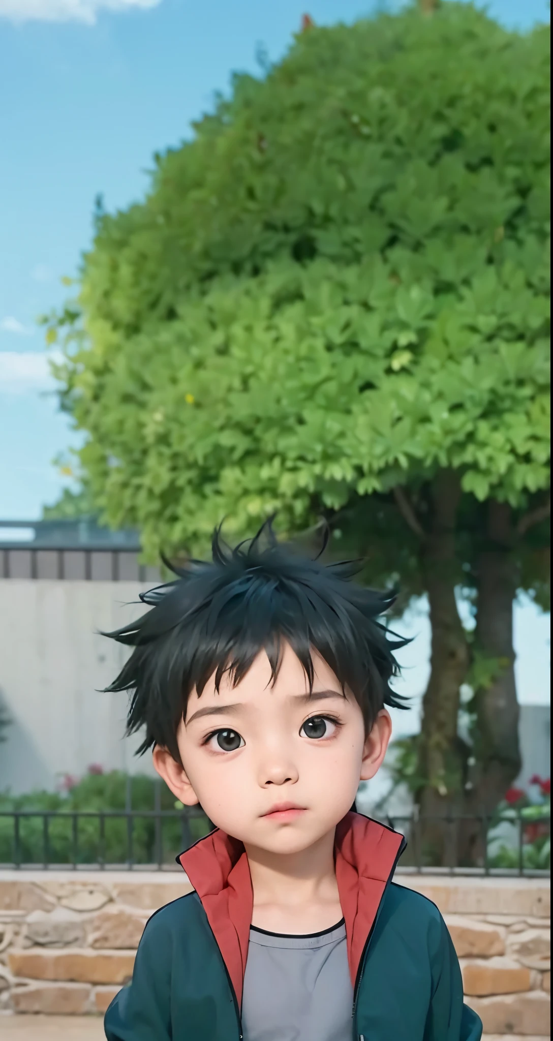 Real life adaption of this character ,The handsome face of a boy, realistic same spiky hair , (realistic same outfit), realistic background , realistic light, realistic shadow, realism, hyper realistic,(photorealistic:1.2), normal eyes