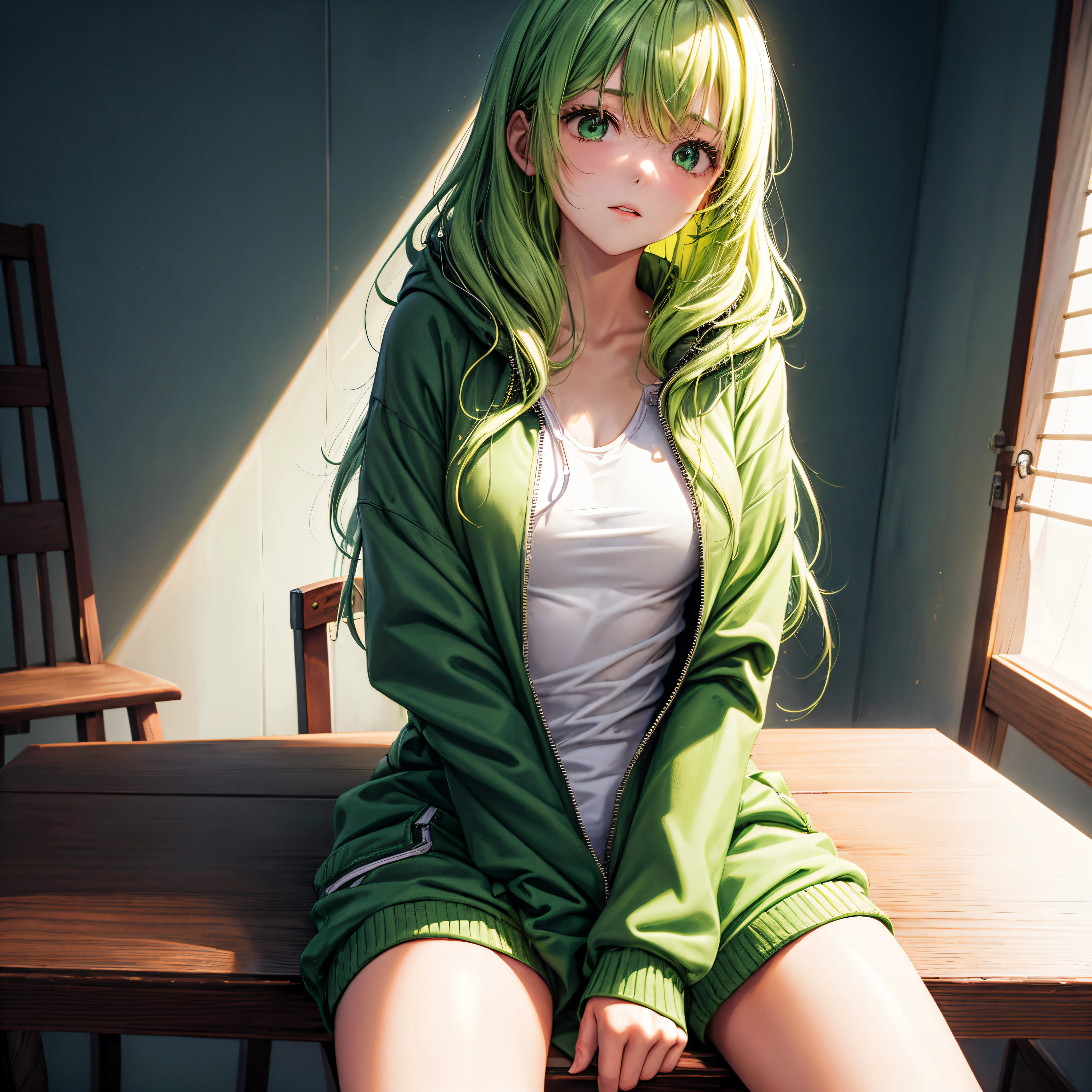 realisitic、top-quality、((One Woman:1.5))、Green hair、length hair、Wavy Hair、green zip-up hoodie、sit a chair、inside in room、Unzip、medium chest、No underwear、barechested、teats、pubick hair