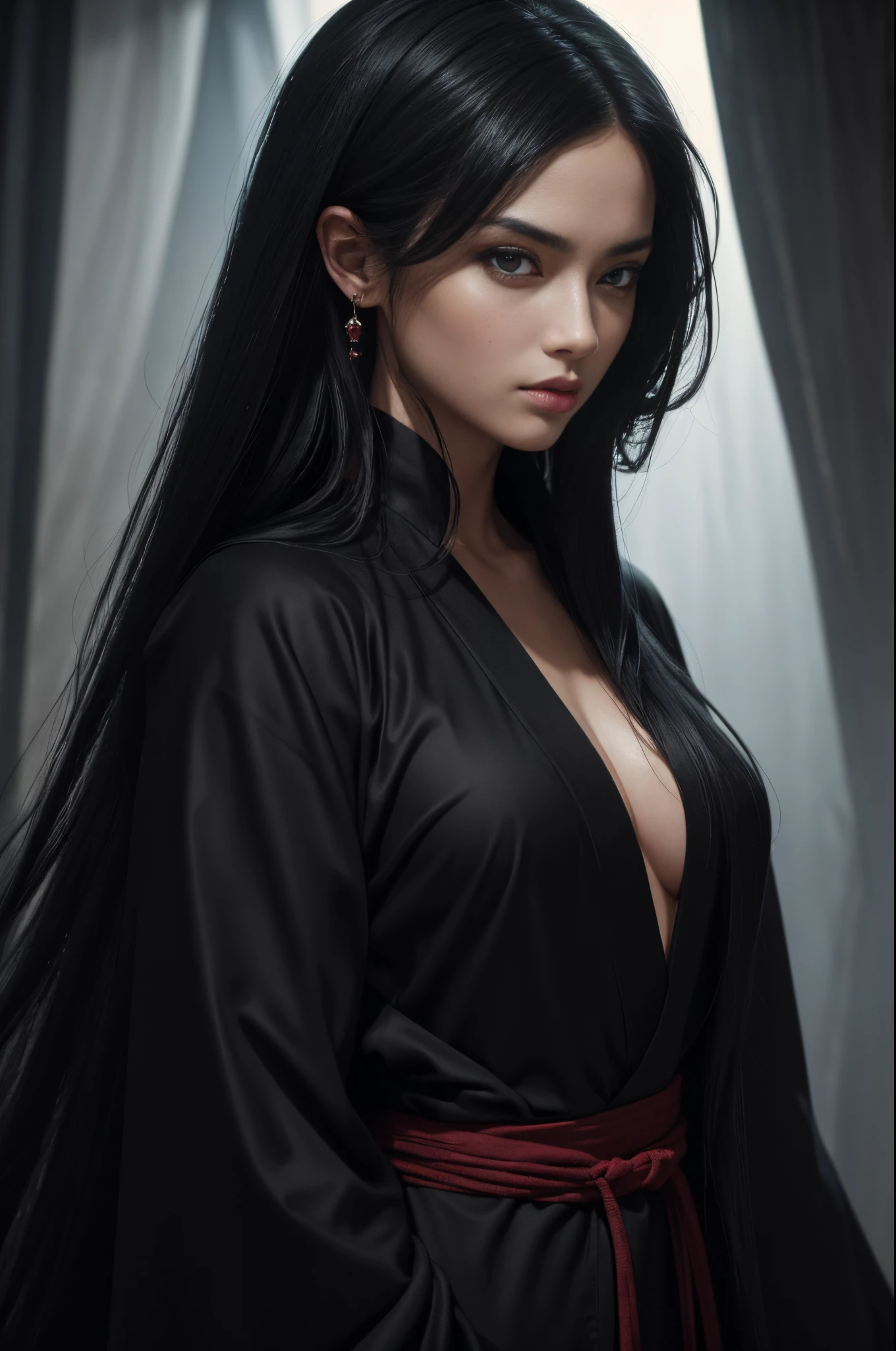 1 Solo, A realistic photograph of a woman with black hair in a very dark version, highlighting the shadows and contrasts, wearing an akatsuki cloak with details in black and red, she is in a dark street at night, with smoke, her hair is wet, colder and darker colors, smoke, dust, dark, horror effect, movie style. O manto está aberto na frente, Decote, e sexy, ela está usando luvas preta nas mãos, seu cabelo e rosto está molhado, está vestida com o manto da akatsuke, Her skin and clothes are wet. She is facing the camera and she has no mask on her face. She has blood stains on her clothes and she looks older. She has no rain and more smoke. She has long hair and looks very realistic. She has a more futuristic outfit. She has an aggressive pose showing her sharingan eyes. The style is similar to the third photo that I generated for you. She has the longest hair possible. She has no mask and her hair is black and messy. She has black hair. She has a more realistic face like a human woman from the real world. She has a different pose and angle than the previous photos. She has a slightly different expression and lighting than the previous photos.