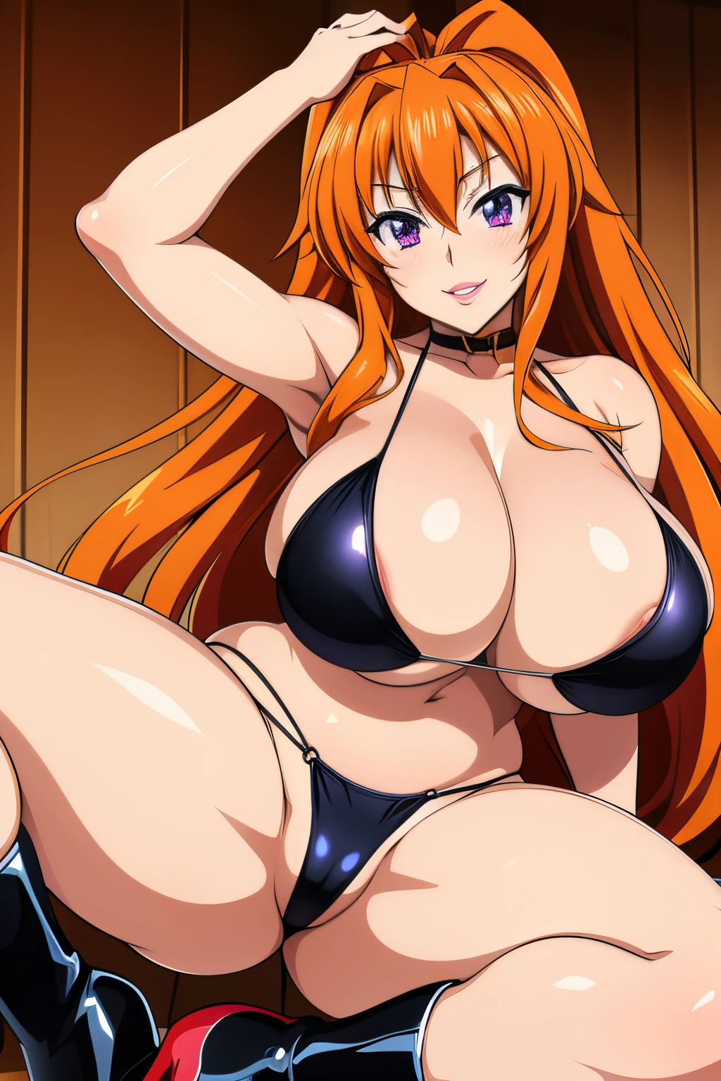 Masterpiece, high resolution, beautiful detailed face, Highschool Dxd art style, Irina Shidou, 1 girl, ((bimbo))), long orange hair, purple eyes, thick lips, painted lips, erotic smile face, blushing, wide hips, thick thighs, thick, huge breast, huge round ass, oily shiny skin, black bikini, revealing cleavage, legs posing, high heels,