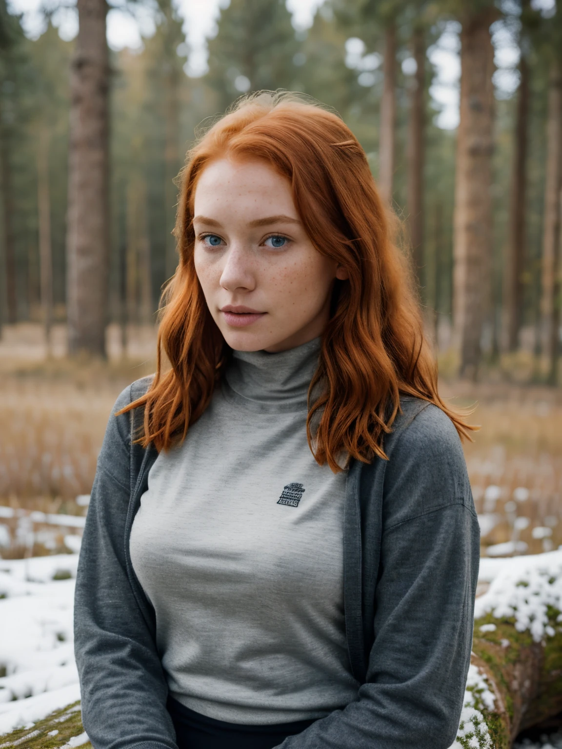 (1girl in, age24, Solo, Aesthetic artwork, irish redhead, wavy ginger hair, shoulder length ginger hair, light grey eyes, some small freckles, pale skin, A-cup, small breasts, runners body, full body, sitting on the log (textured skin, skin pores:1.1), perfect skin, goosebumps, wearing dark gray jacket, wearing navy blue leggings, wearing a black turtleneck shirt, in a clearing looking at Rocky mountains, early winter, snowy, mountains, blury background, (front to camera, looking away: 1.25), (extremely detailed 8k wallpaper), (hard lighting), high quality, film grain, Fujifilm XT3 sharp focus, f 5.6, 50mm, High Detail, Sharp focus, (natural light), crazy details, complex details, hyperdetailed