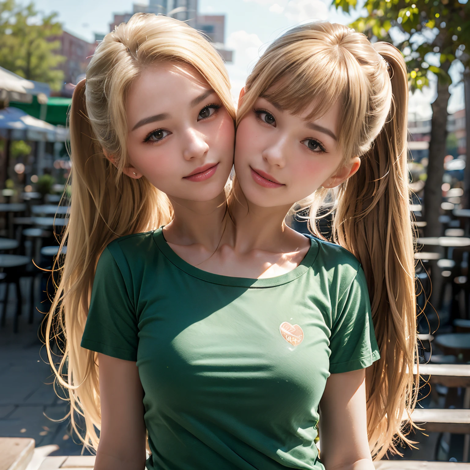 (best quality, 2heads, european girl with two head kissing girl on cheek, different hair bangs, blonde hair, long hair one head, ponytail other head,half color t-shirt,park background,)