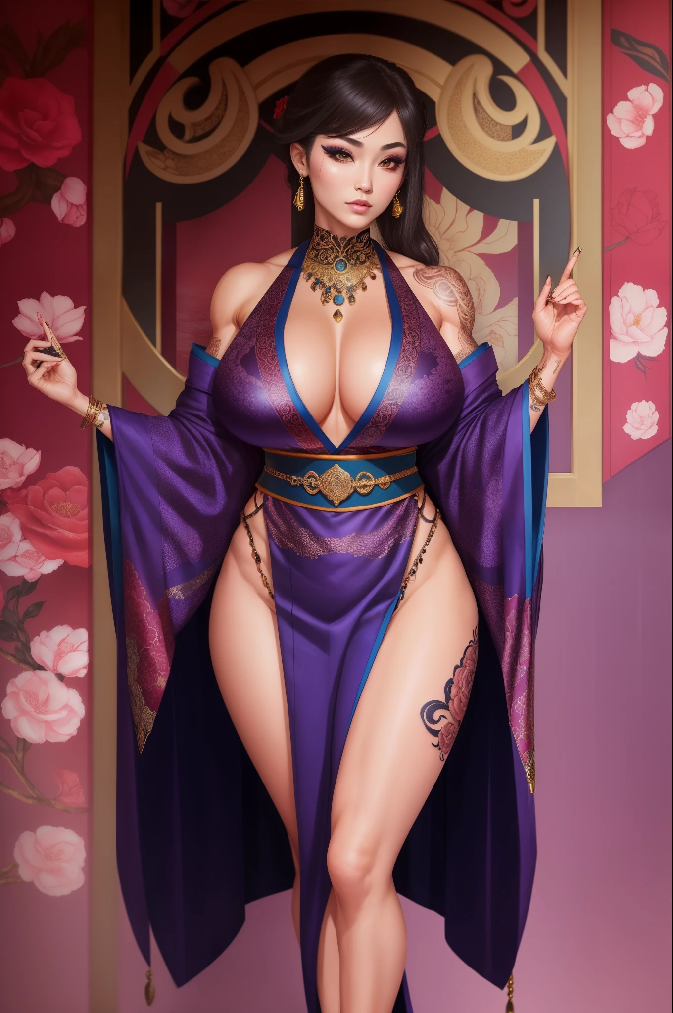 1girl, ((muscular body:1)), intricate, kimono, (eyeliner:1.2), looking at viewer,jewelry, detailed background,huge breasts (masterpiece, high quality:1), full body shot, mystic tattoos, thigh slit, long legs