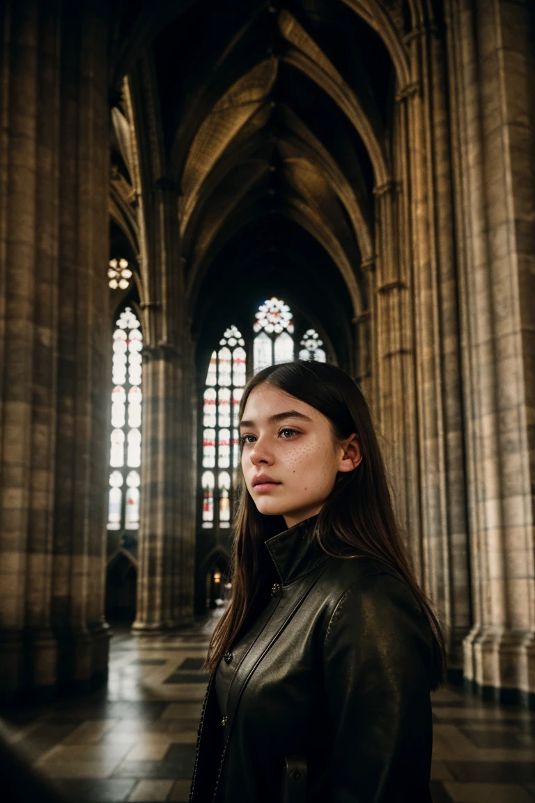 1girl, 21 years old, (realistic:1.3), finely detailed, quality, (masterpiece:1.2), (photorealistic:1.2), (best quality), (detailed skin:1.3), (intricate details), dramatic, ray tracing, photograph, Liquid [Marshlands|Madrid] from inside of a Cologne Cathedral, Bathed in shadows, Masterpiece, Despressing, Metalcore, film grain, Sony A7, 35mm