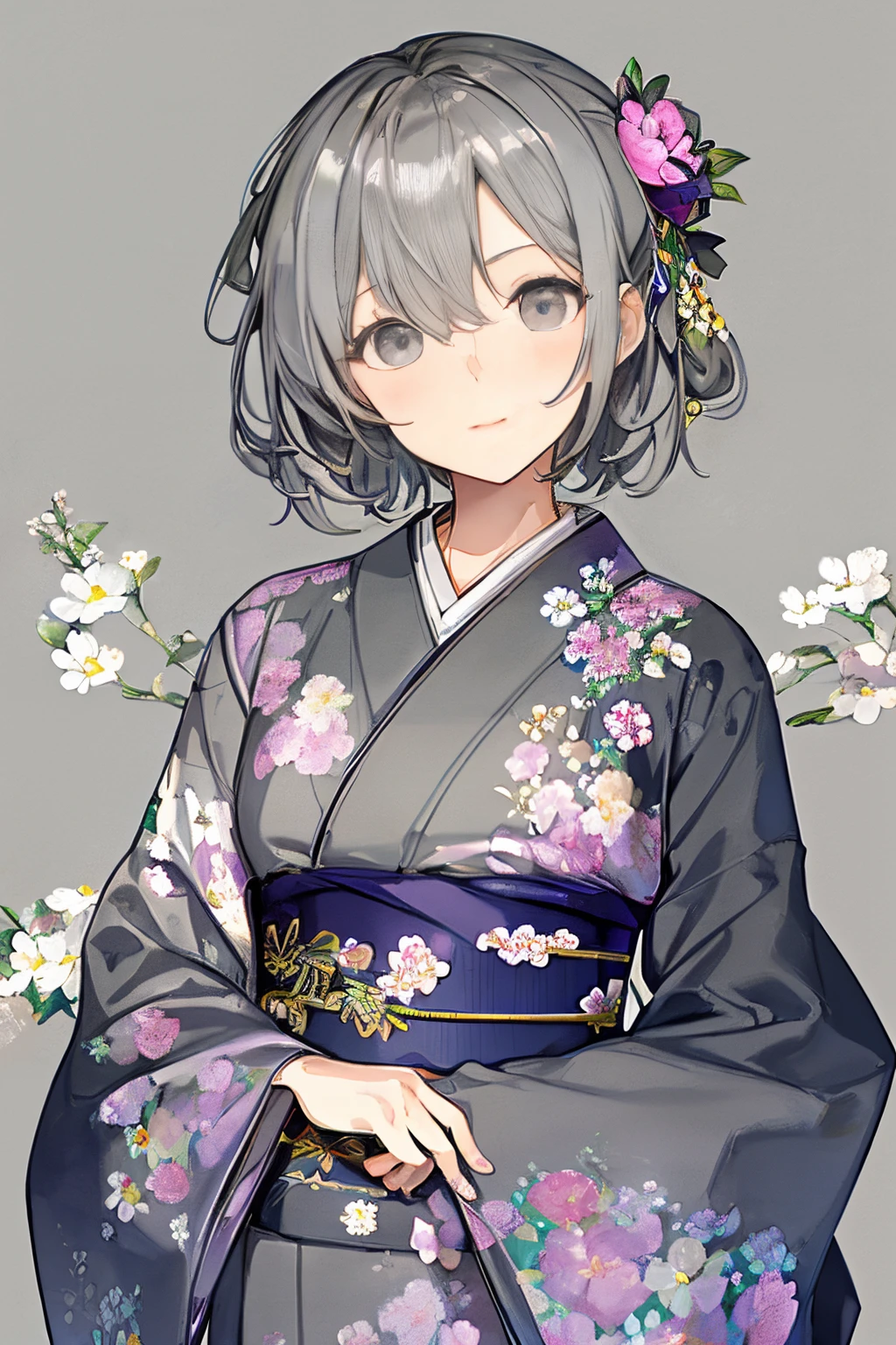 watercolor paiting、(((gray floral background:1.3)))、Best Quality, masutepiece, High resolution, (((1girl in))), ,(((Eyes are gray:1.3)))、Gray kimono、((beautiful gray kimono)), Tindall Effect, Realistic, Shadow Studio,Ultramarine Lighting, dual-tone lighting, (High Detail Skins: 1.2)、Pale colored lighting、Dark lighting、 Digital SLR, Photo, High resolution, 4K, 8K, Background blur,Fade out beautifully、gray flower world