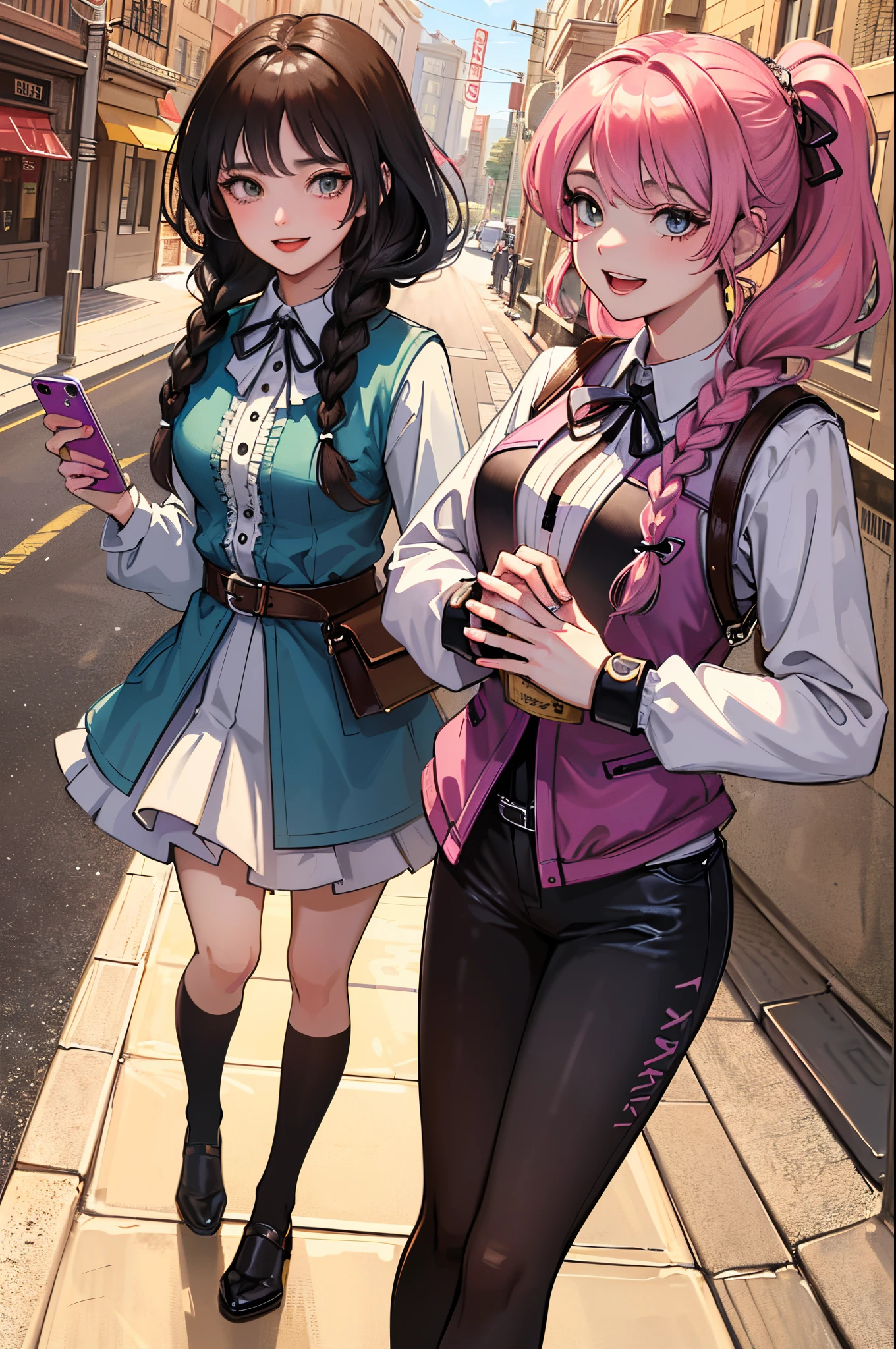 Best Quality, Masterpiece, Extremely Detailed, High Resolution, 4K, Ultra High Resolution, Detailed Shadows, Perfect Light and Shadow, Two Girls in Costume Taking Selfies on the Street, Colorful Braids, Anime Role Play, Anime Style Mixed Fujifilm, Cute, Laugh, Jump Up