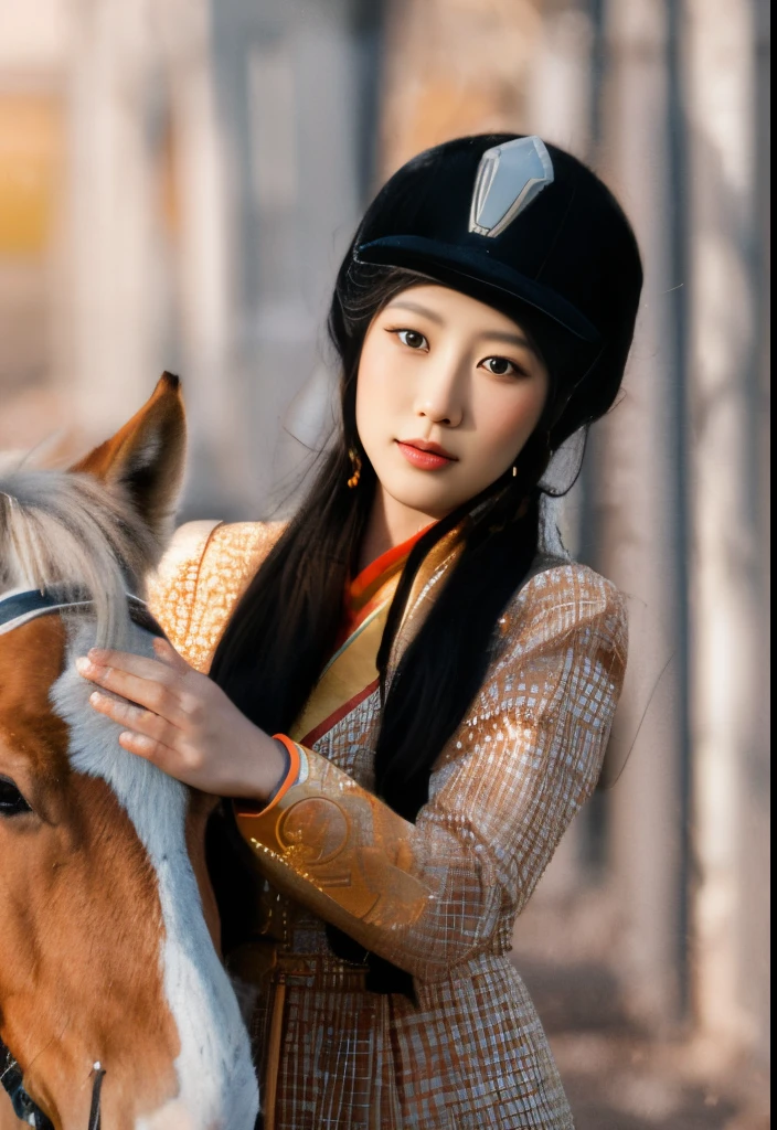 There is a woman holding a horse in her hands, Portrait of Mulan, genghis khan'young female, Beautiful fox girl, Chinese woman, Geisha photo portrait, geisha portraits, 宮 , A girl in Hanfu, Geisha portrait, Wearing ancient Chinese clothes, portrait shooting, an asian woman