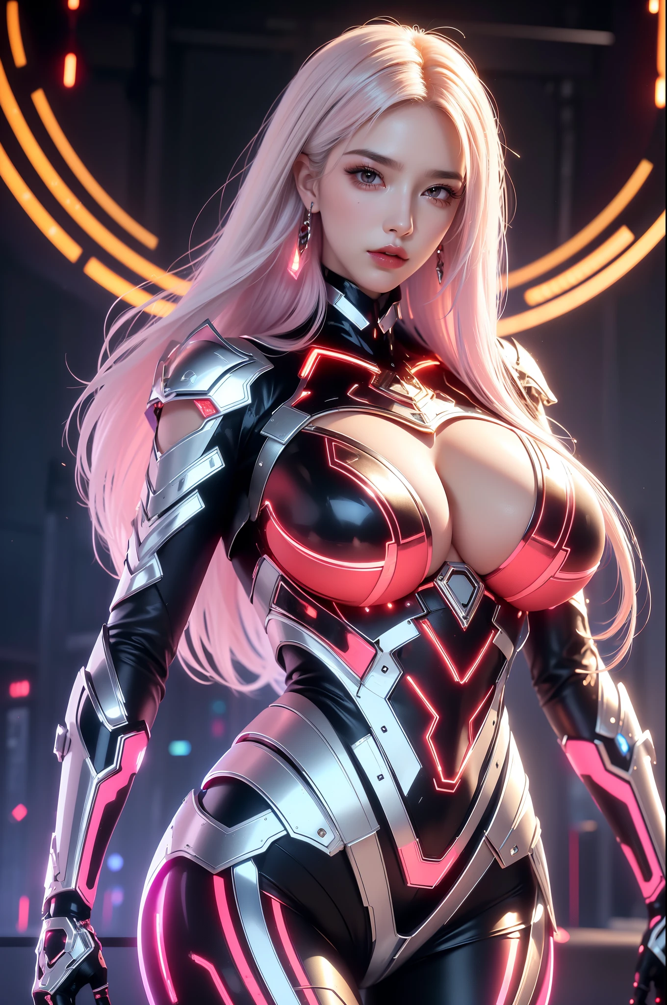 (masterpiece), best quality, expressive eyes, perfect face, beautiful details face, beautiful round eyes, full body, A beautiful mature woman in cyber armour suit shows her Extremely busty and attractive breasts, (arrogant face), (platinum pink hair), (bob cut, streaked hair, expressive hair, shiny hair, glowing hair, multicolored hair, gradient hair, colored inner hair, straight hair, medium long hair), fair skin, (beautiful detailed full bodysuit:1.3), (full body cyber armour), glowing and shining armour, gold and red cyber armour, (cybernetic wings:1.2, Gigantic mechanical wing:1.2), (Edge lights:1.3), (silver and red colour scheme:1.3), neon light on armour, beautiful details eyes, (purple eyes:1.3), (glowing eyes:1.2), (Gigantic saggy breasts:1.1), tight breasts, thick body, (well accentuated curves), pink lips, (silver nails), mascara, Long eyelashes, eyeliners, (Extremely wide well defined hips:1.3), (beautiful massive thick thighs:1.3), slender figure, (Extremely detailed skin texture:1.2), beautiful detailed realistic muscle definition, golden lights that shimmer, high detailed eyes, ultra-high quality model, proportionate, intense colouration fantasy, (background fantasy cyber city), blue and gold tetradic colours, earrings, (1girl), solo, cowboy shot, shine, glowing