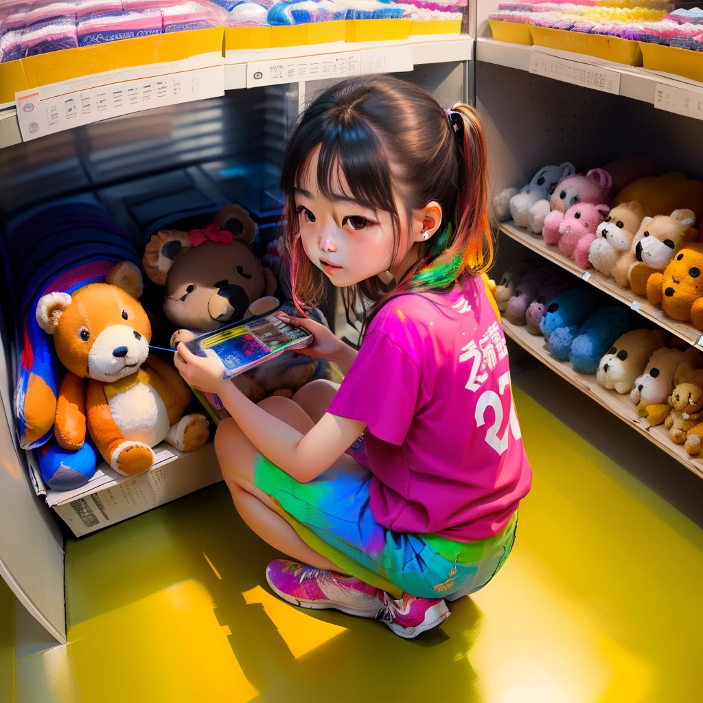 (masterpiece、top-quality)、(colourfull:1.4)、From above、独奏、1 girl squatting on the ground in a store with lots of stuffed animals on the shelves、depth of fields、Full Head、Pinky T-shirt、cute little、Zito-order indifference indifference