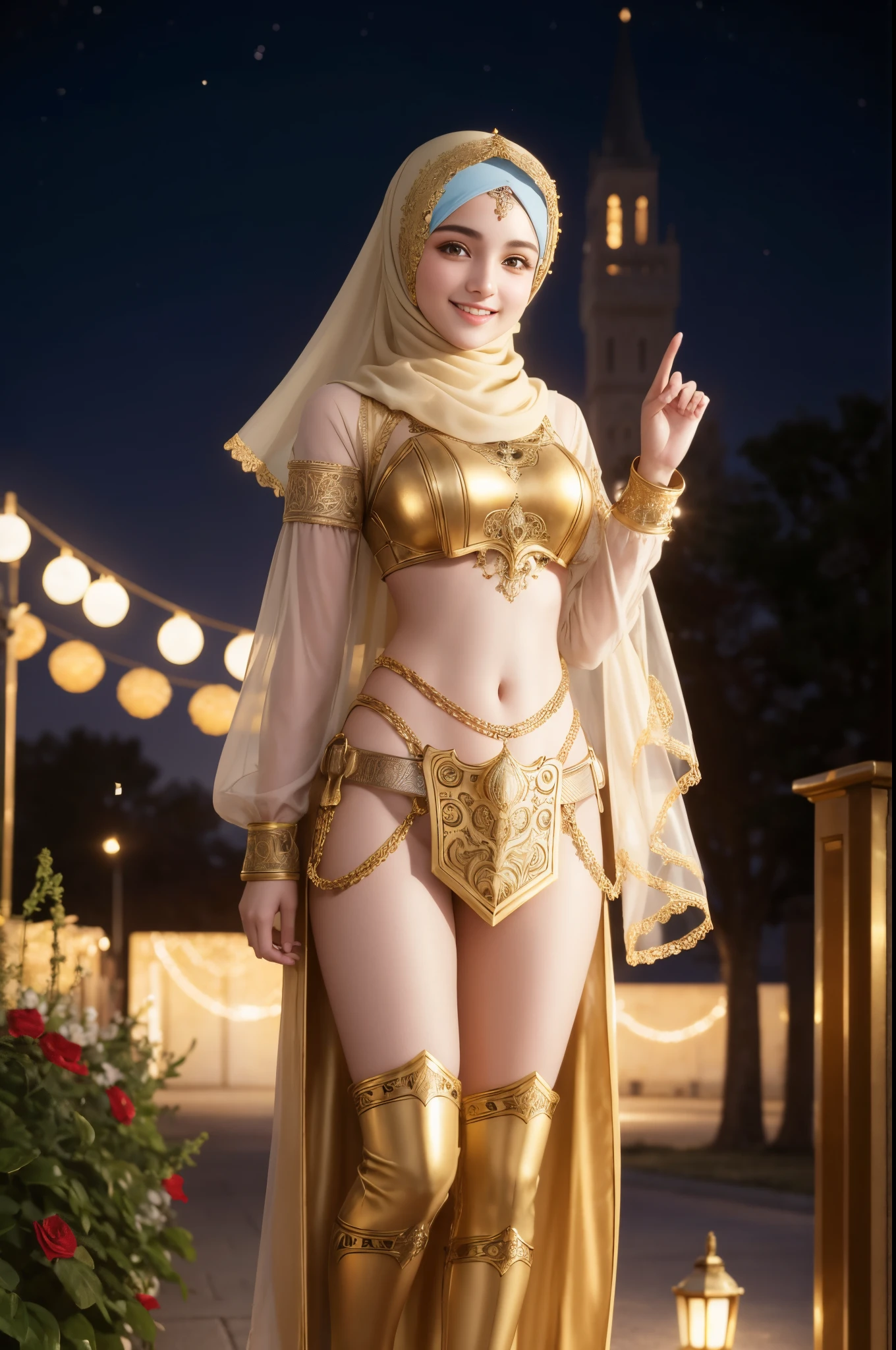 high resolution photo of a 20 year old cute pretty desilatte hijabi in a ornate brass chastity belt, full body, outdoors at night, background bokeh, smile, from below, film grain