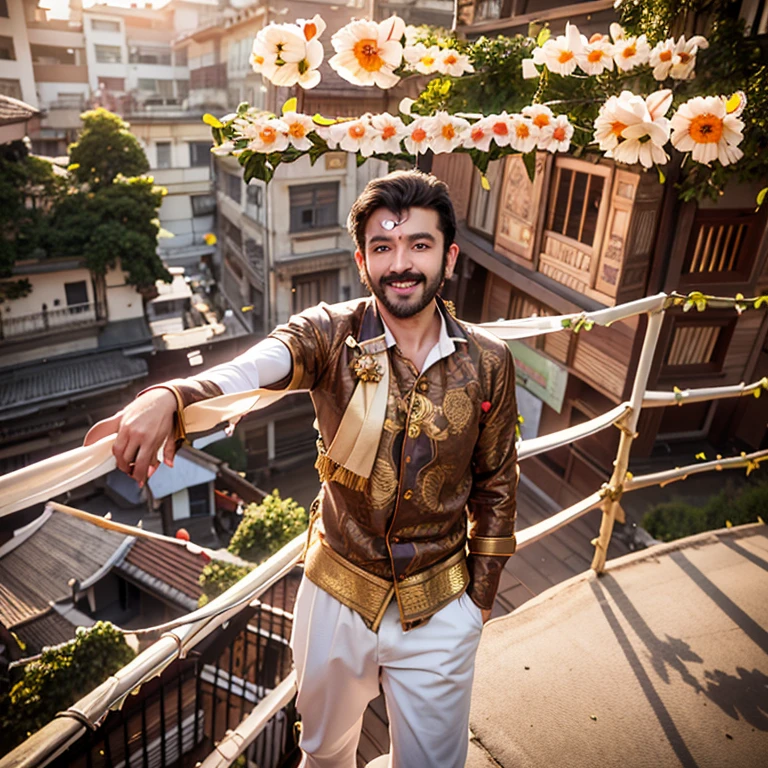 arafed man standing on a balcony with a smile emoticion on his face, vinayak, rk post, johnatan wayshak, facebook profile picture, roshan, background is heavenly, vastayan, candid picture, with lovely look, by Rajesh Soni, ashoka tano, watermark:-1, dhamphir, photograpgy