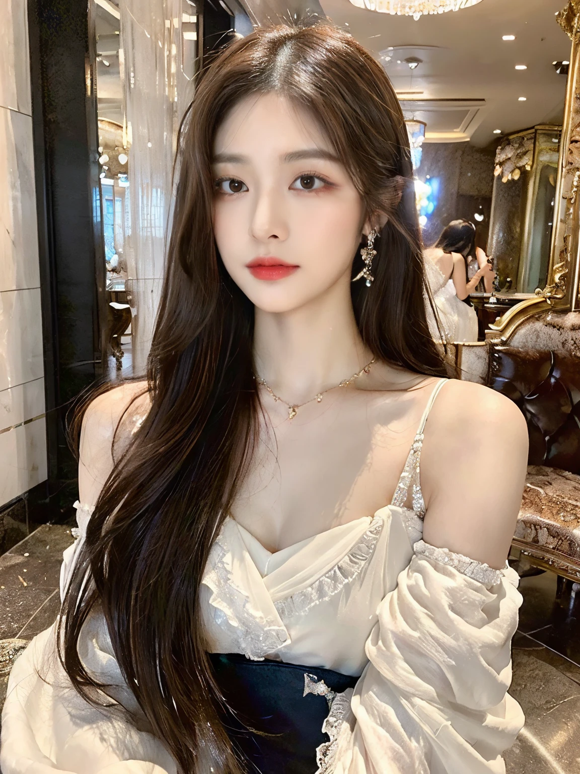 A woman with long hair wearing a white top and blue skirt - SeaArt AI