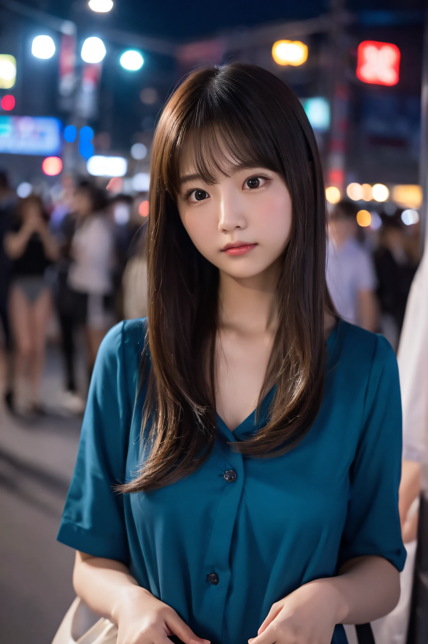 Super beautiful girl、ultra cute girl、My chest is touched、Night view in the background、Small、Crowds、The center of attention、Slender body、A wistful look、Depressed、Company Uniform、I don't wear underwear, nffsw, retinas, Anatomically correct, Best Quality, 4K