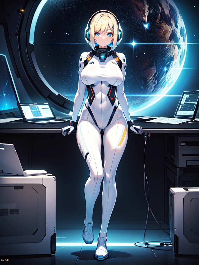 ​masterpiece:1.4, 1girl in ((20yr old, Wearing a futuristic white and silver costume, Tight Fit Bodysuit, long boots, Very gigantic-breasts, Multicolored blonde hair, a short bob, Perfect model body, Blue eyes:1.4, Wearing headphones, Flirting, Looking out the window of the futuristic sci-fi space station、While admiring the beautiful galaxy:1.2, SFSF control room on night background:1.1, Neon and energetic atmosphere:1.2)) ((Galaxy)) ((Solo:1.6))