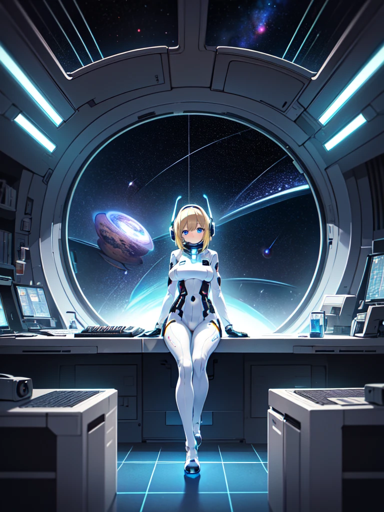 ​masterpiece:1.4, 1girl in ((20yr old, Wearing a futuristic white and silver costume, Tight Fit Bodysuit, long boots, Very gigantic-breasts, Multicolored blonde hair, a short bob, Perfect model body, Blue eyes:1.4, Wearing headphones, Flirting, Looking out the window of the futuristic sci-fi space station、While admiring the beautiful galaxy:1.2, SFSF control room on night background:1.1, Neon and energetic atmosphere:1.2)) ((Galaxy)) ((Solo:1.6))