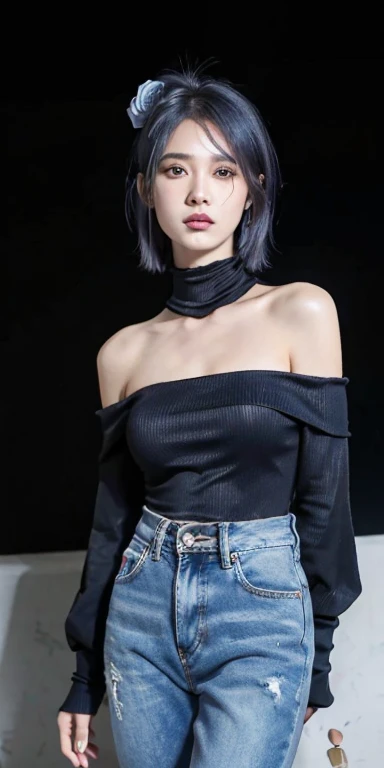 8K, Top Quality, Intricate Details, Ultra Detail, Ultra High Resolution, Masterpiece, random angle,  Slender, Smile, (Makeup: 0.4), (Fluffy Blue Eyes: 1.21), blue Eyes, looking at viewer, ((full body)), 1girl, solo, 1 girl, (( full body)), close up shot, , ((tall)), (((fit body))), (((slim face))), sharp face, sharp eyes, (((random color hair,  )) , (detailed face), sharp face, small lips, 
 (( )), (( open skirt)),  detailed face, detailed breast, , large breast, detail ass, , Beautiful girl with accentuated slender abs: 1.4, Six Pack Abs: 1.4, Bust Botox, Big, Perfect Body, detail leg, (( dark background)), black background, (((see the whole body)))