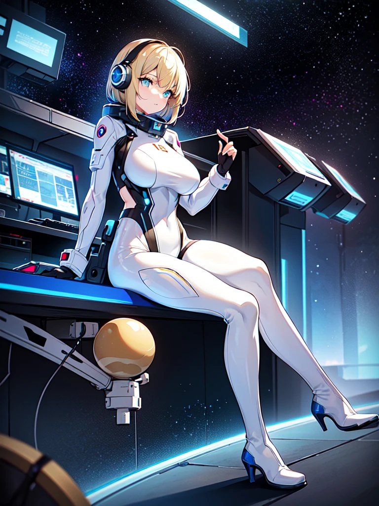 masterpiece:1.4, 1girl in ((20yr old, Wearing a futuristic white and silver costume, Tight Fit Bodysuit, long boots, Very gigantic-breasts, Multicolored blonde hair, a short bob, Perfect model body, Blue eyes:1.4, Wearing headphones, Flirting, Looking out the window of the futuristic sci-fi space station、While admiring the beautiful galaxy:1.2, SFSF control room on night background:1.1, Neon and energetic atmosphere:1.2)) ((Galaxy)) ((Solo:1.6))