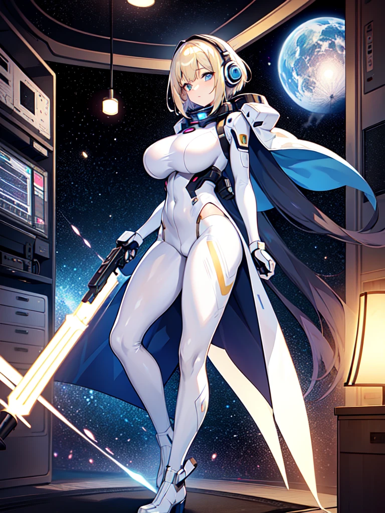 ​masterpiece:1.4, 1girl in ((20yr old, Wearing a futuristic white and silver costume, Tight Fit Bodysuit, long boots, Very gigantic-breasts, Multicolored blonde hair, a short bob, Perfect model body, Blue eyes:1.4, Wearing headphones, Flirting, Looking out the window of the futuristic sci-fi space station、While admiring the beautiful galaxy:1.2, SFSF control room on night background:1.1, Neon and energetic atmosphere:1.2)) ((Galaxy)) ((Solo:1.6))