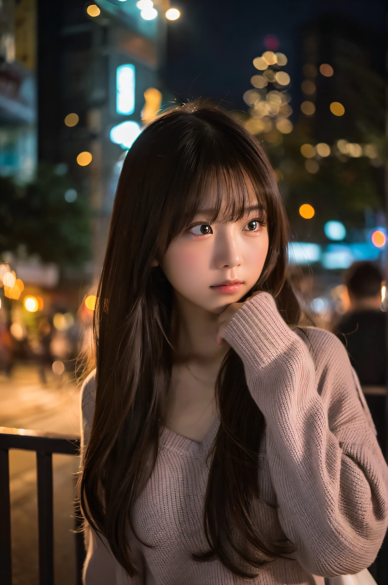Super beautiful girl、ultra cute girl、My chest is touched、Night view in the background、Small、Crowds、The center of attention、Slender body、A wistful look、Depressed、Autumn Outfit、I don't wear underwear, nffsw, retinas, Anatomically correct, Best Quality, 4K