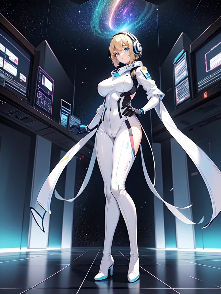 ​masterpiece:1.4, 1girl in ((20yr old, Wearing a futuristic white and silver costume, Tight Fit Bodysuit, long boots, Very gigantic-breasts, Multicolored blonde hair, a short bob, Perfect model body, Blue eyes:1.4, Wearing headphones, Flirting, Looking out the window of the futuristic sci-fi space station、While admiring the beautiful galaxy:1.2, SFSF control room on night background:1.1, Neon and energetic atmosphere:1.2)) ((Galaxy)) ((Solo:1.6))