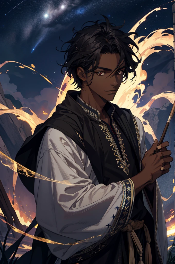 (absurd, highres, ultra detailed), 1 male, native, 17 years old, young man, indigenous, wearing black wizard robes, dark skin male, dark skin, handsome, dark hair, medium hair, wavy hair, brown eyes, gypsy outfit, finely detailed eyes and detailed face, fantasy, night, dark theme, cinematic lighting, colorful, portrait, overcast sky, moonlight, Dutch angle, fire magic, background: night, starry sky, expression: smirking at viewer