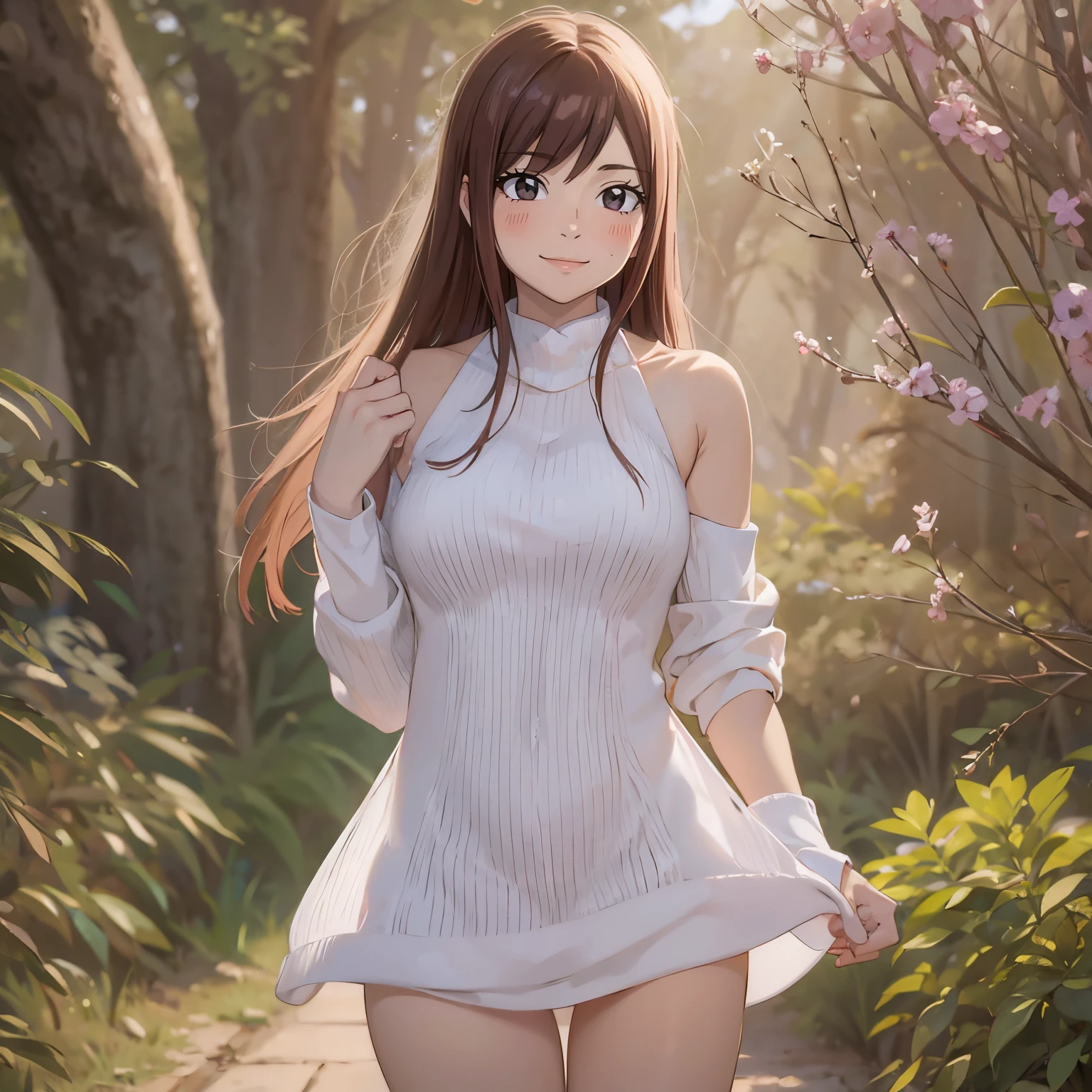 ((best quality)) ((best quality)), ((masterpiece)), (detailed), 4k image, anime style, beautiful woman, astoundingly beautiful girl, caramel brown skin, white knee length cocktail dress draped loosely on her body, forest background, full cherry red lips, fox eyes, oval face, bright gold brown eyes eyes, slim waist, medium height, average breasts, African-American facial features, teenage looks, not fully developed body, dark vermillion red hair, 15 year old girl, standing upright, full body showcase, sexy thigh gap, standing upright with legs shoulder width apart, small curves that are not clearly noticable