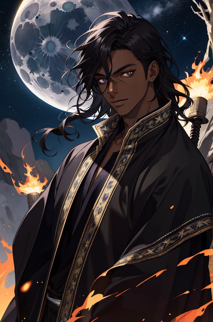 (absurd, highres, ultra detailed), 1 male, native, 17 years old, young man, indigenous, wearing black wizard robes, dark skin male, dark skin, handsome, dark hair, medium hair, wavy hair, brown eyes, gypsy outfit, finely detailed eyes and detailed face, fantasy, night, dark theme, cinematic lighting, colorful, portrait, overcast sky, moonlight, Dutch angle, fire magic, background: night, starry sky, expression: smirking at viewer