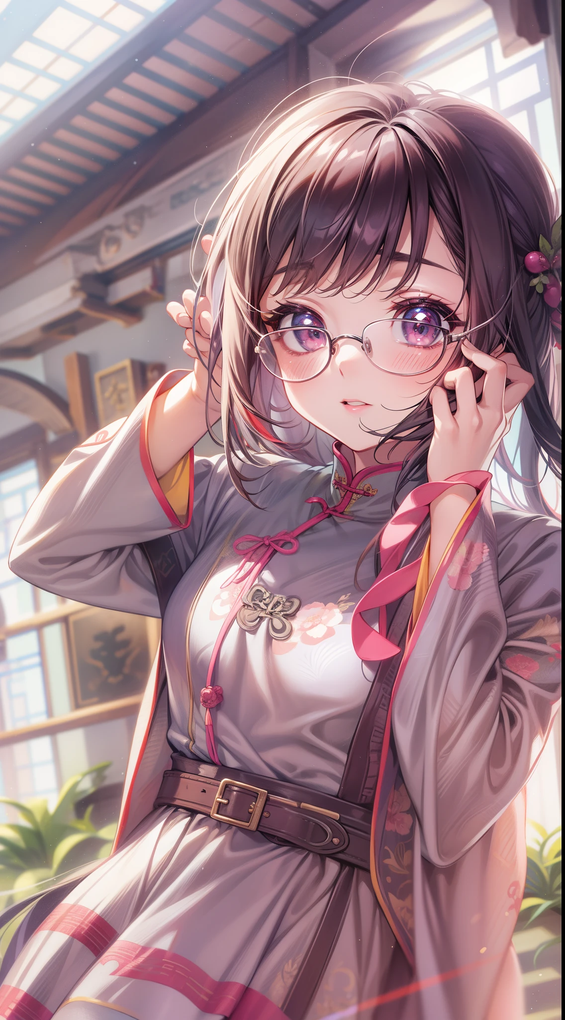 Anime - A woman wearing a silk cheongsam and glasses takes a photo, small curvy loli, a hyperrealistic schoolgirl, a hyperrealistic schoolgirl, Loli wearing a silk cheongsam, Cute anime wife wearing a nice cheongsam, Smooth Anime CG Art, anime highly detailed, Seductive Anime Girl, with glasses, photorealistic anime girl render, Detailed Digital Anime Art