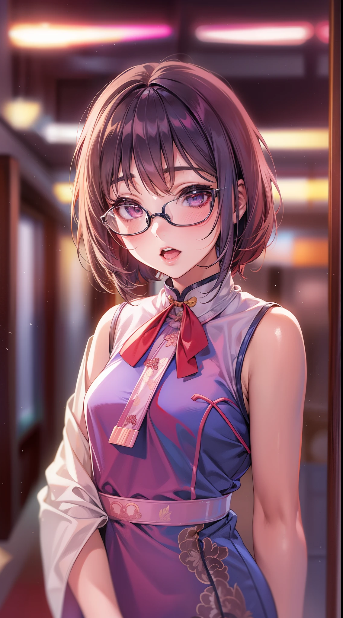 Anime - A woman wearing a silk cheongsam and glasses takes a photo, small curvy loli, a hyperrealistic schoolgirl, a hyperrealistic schoolgirl, Loli wearing a silk cheongsam, Cute anime wife wearing a nice cheongsam, Smooth Anime CG Art, anime highly detailed, Seductive Anime Girl, with glasses, photorealistic anime girl render, Detailed Digital Anime Art
