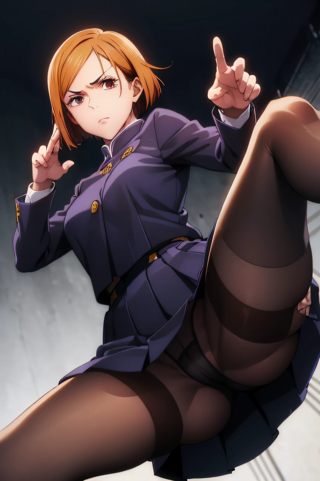 (masterpiece), (best quality), (ultra-detailed), (best illustration), (best shadow), (absurdres), nobarakugisakinova, short hair, orange hair, ((brown eyes)), kugisaki nobara, school uniform, 1girl, solo, jacket, bangs, closed mouth, long sleeves, looking at viewer, (ultra miniskirt,micro panties:1.2),black pantyhose,cameltoe,spread legs,(fighting stance, kung hu pose, kung fu action, dynamic angle, battle:1.2),from below,angry