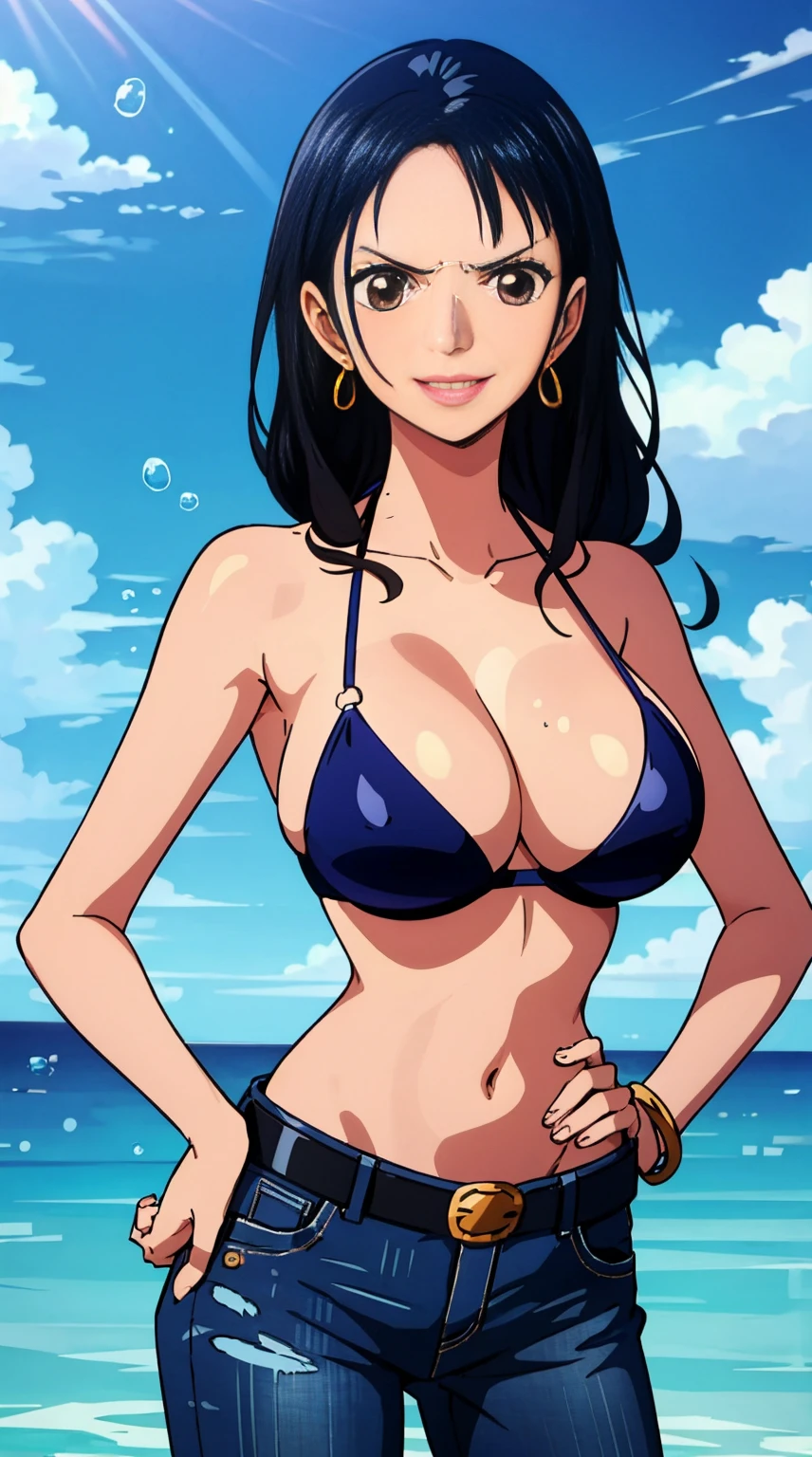 robin \(one piece\), 1girl, bangle, bangs, bare shoulders, belt, bikini, bikini top only, bracelet, breasts, brown eyes, bubble, cleavage, denim, earrings, floating hair, belt, black bikini, groin, jeans, jewelry, (large breasts:1.9), (big breast:1.3), long hair, looking at own body, navel, black hair, pants, sidelocks, sky, smile, solo, stomach, swimsuit, angry, (hand on hips:1.4), (sweaty:1,2), shy, flusttered, (((masterpiece))), nipples visible through bikini