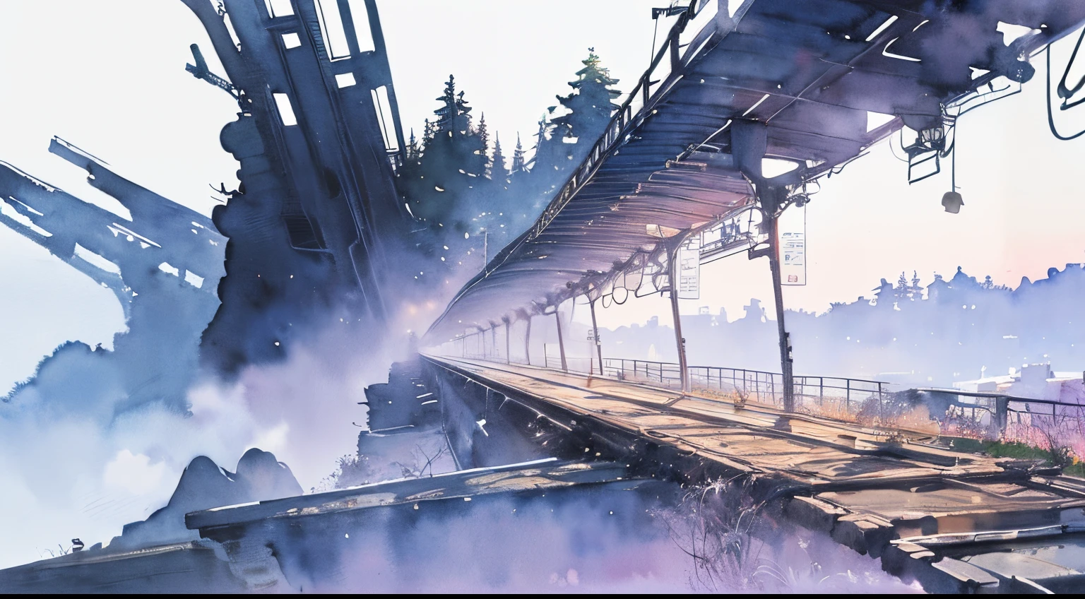 ((masutepiece)), (Professional Photography:1.2), (High Definition:1.3), Best Quality, (watercolor painting:1.3), wide shot, (erotic atmosphere), (simple white background:1.10), pale purple fine ink splash, landscape, on the railroad