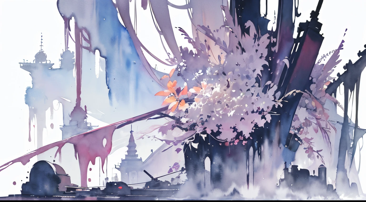 ((masutepiece)), (Professional Photography:1.2), (High Definition:1.3), Best Quality, (watercolor painting:1.3), wide shot, (erotic atmosphere), copious mucus dripping, (simple white background:1.10), pale purple fine ink dripping, cityscape