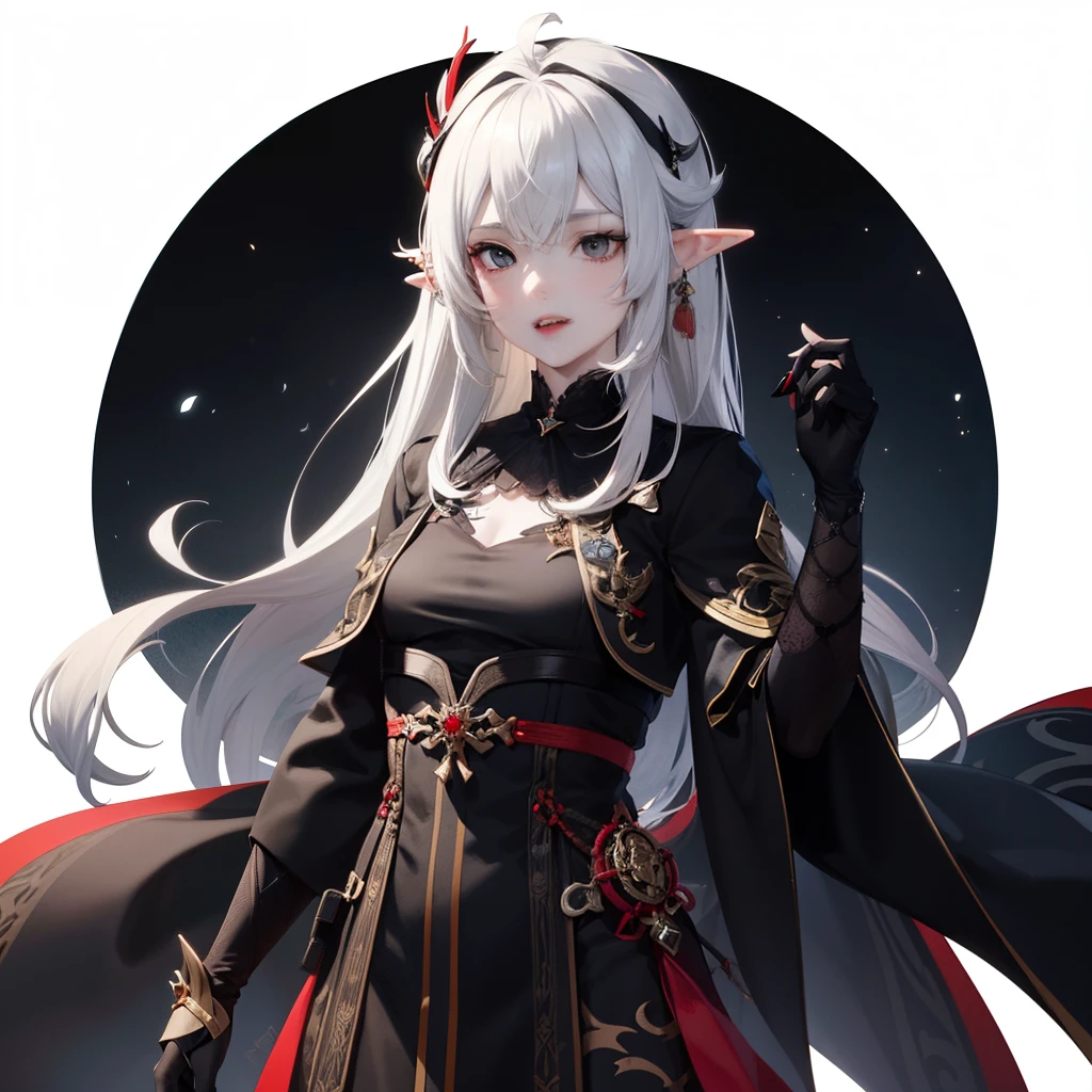/imagine full height femboy Vampire, elf, swindler, black long hair, black eyes, not tall, pale skin, figure like Yelan from Genshin Impact. black and red gamut