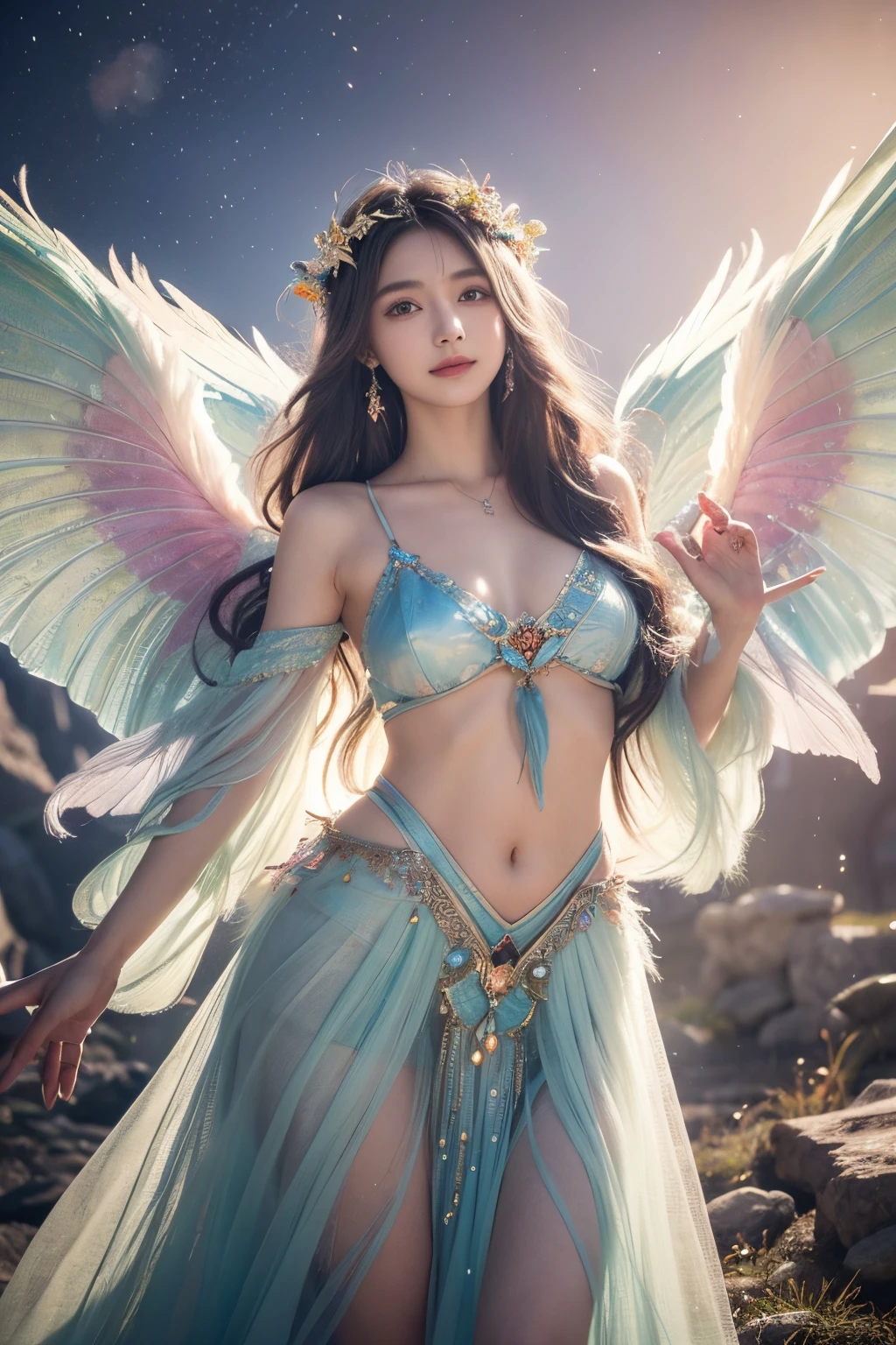 1girl, 23 years old, standing regal with open hands, symmetrical and fractal, multi-color pastel long hair, colorful (1.2), lies in a bird's nest and hatches (1.2), perfect face, sexy linagerie, oil smooth skin, kinky and sexy smile, looking at the viewer, fairy wings, Big fairy wings, multi color pastel feather wings, fairy vibe , background of mystic realm and magic, the particles of magic light with multi color , wind forming particles in seamless fractal pattern, warm light, epic scene , HDR+, extreme detailed ,Nikon D850, masterpiece, devianart, photo-real painting