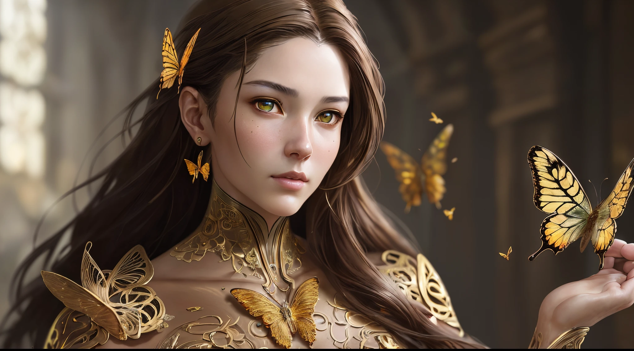 8k portrait of beautiful cyborg with brown hair, intricate, elegant, highly detailed, majestic, digital photography, art by artgerm and ruan jia and greg rutkowski surreal painting gold butterfly filigree, broken glass, (masterpiece, sidelighting, finely detailed beautiful eyes: 1.2), hdr,