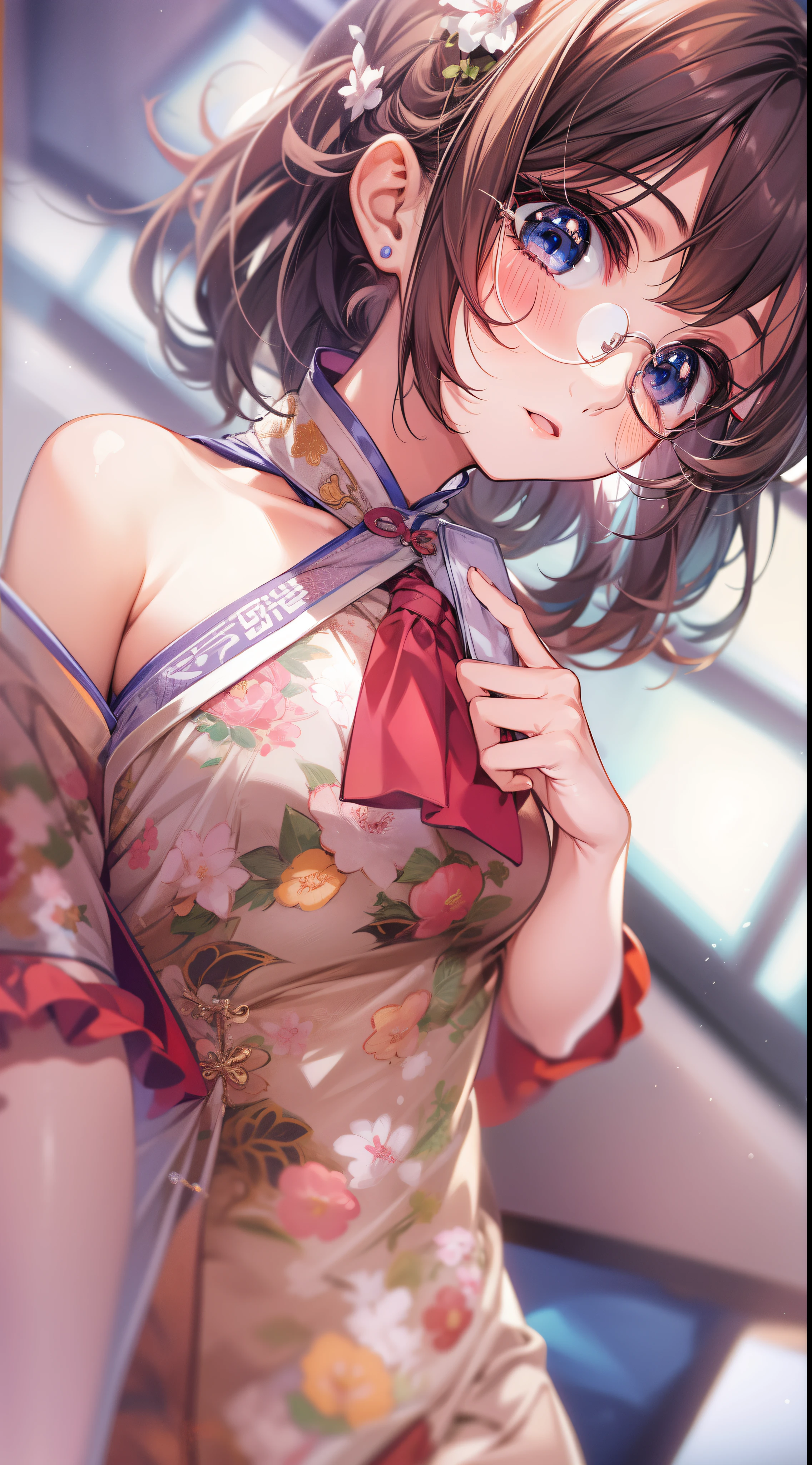 12year old、Height 160cm、beautifly、cute little、Anxious face。1 female。ligh brown hair。Brown-eyed。short-cut。Matching bangs。Pale pink lipstick。Small white see-through camisole。 (Nipples appear protruding)、undergarment:only panties。Dark blue long high socks。Small red ribbons on both sides of her hair。Warm lighting。photographic quality、hight resolution。rug。girl's own room。She is lying in bed。legs are open。hand on the breasts。look at a camera。(Panties are transparent with love juice)。(Overflowing with love juice)、Beautiful and perfect feet、Beautiful and perfect hands