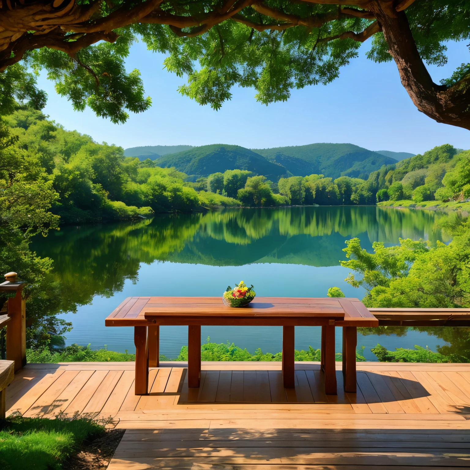 Ghibli style　lake　the woods　beatuful nature　stele々　coffee and table