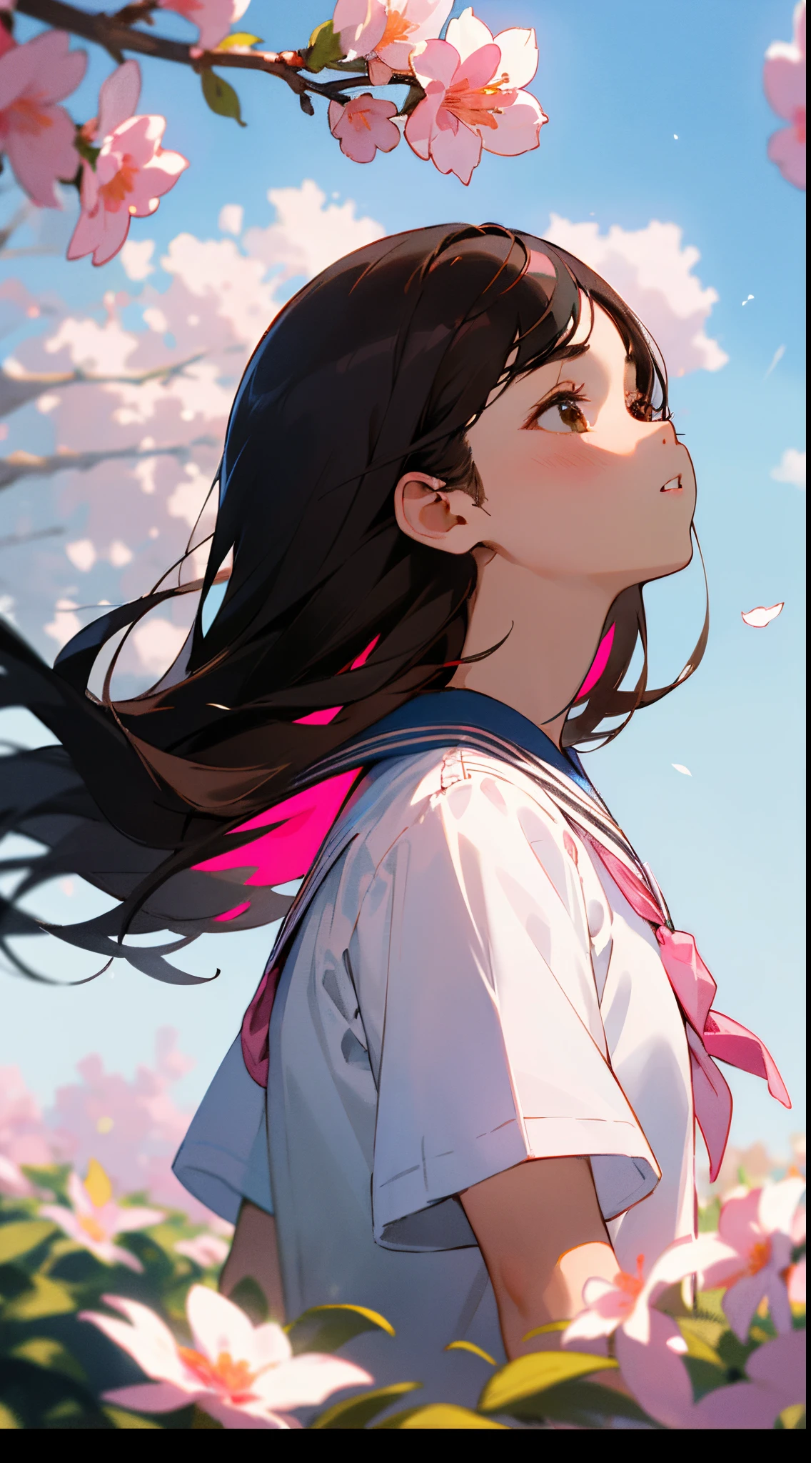 (masterpiece, best quality),1girl, solo, flower, long hair, outdoors, letterboxed, school uniform, day, sky, looking up, short sleeves, parted lips, shirt, cloud, black hair, sunlight, white shirt, serafuku, upper body, from side, pink flower, blurry, brown hair, blue sky, depth of field