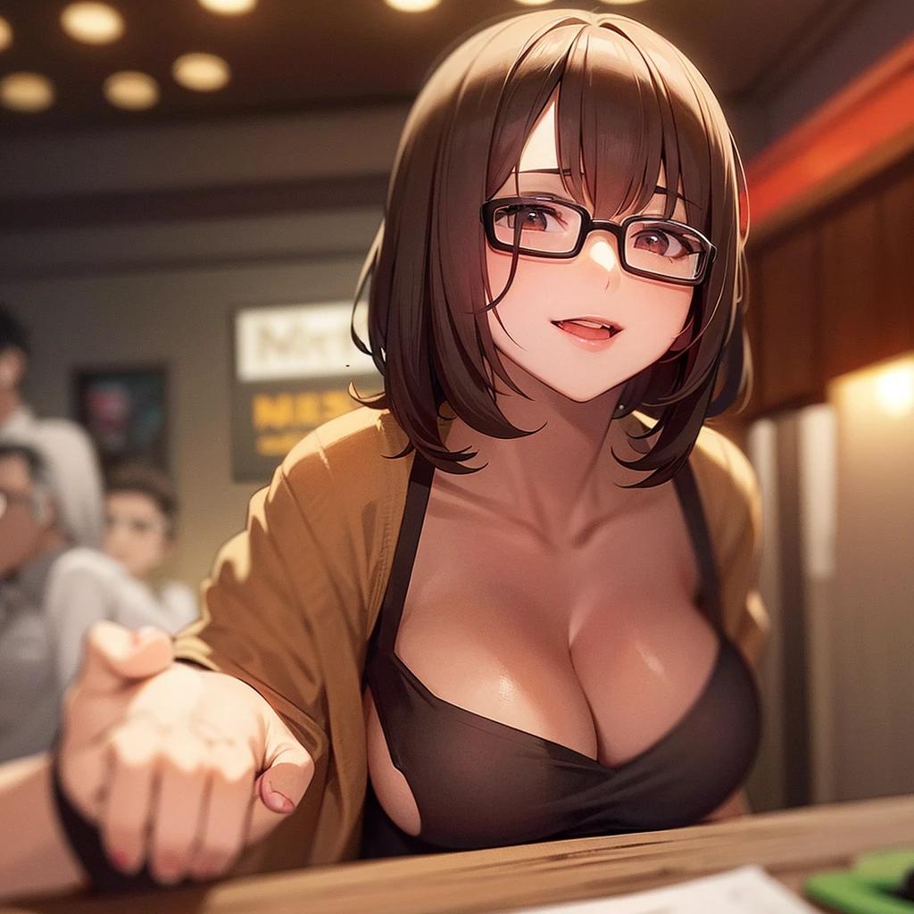 enjoy drinking alcohol in mouth, in the night bar and many dishes on the table, one brown bob hair woman tipsy, bigboobs, glasses, (sexy::1.4) smile, Finished work.