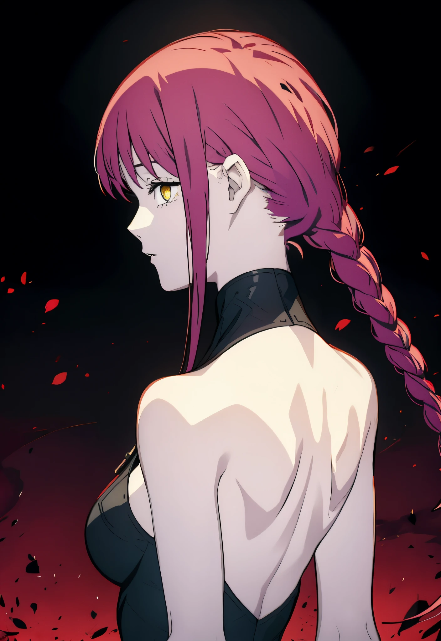 (masterpiece:1.2), (pale skin:1.2), (solo:1.2), (female:1.1), (emphasis lines:1.3), red hair, bare back, shoulder blades, from behind, bare shoulders, braids, yellow eyes